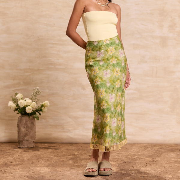 Fringe Detailed Printed Midi Skirt