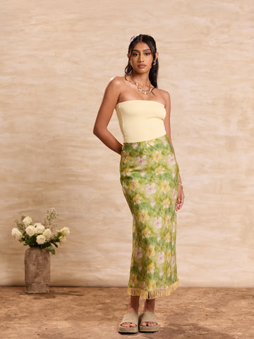 Fringe Detailed Printed Midi Skirt