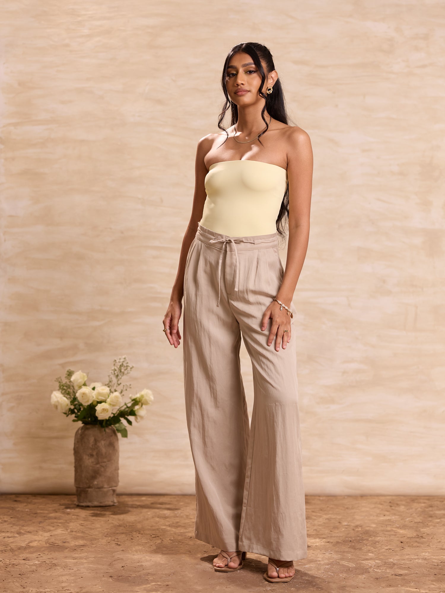 Front Pleated Tie Up Wide Leg Pant