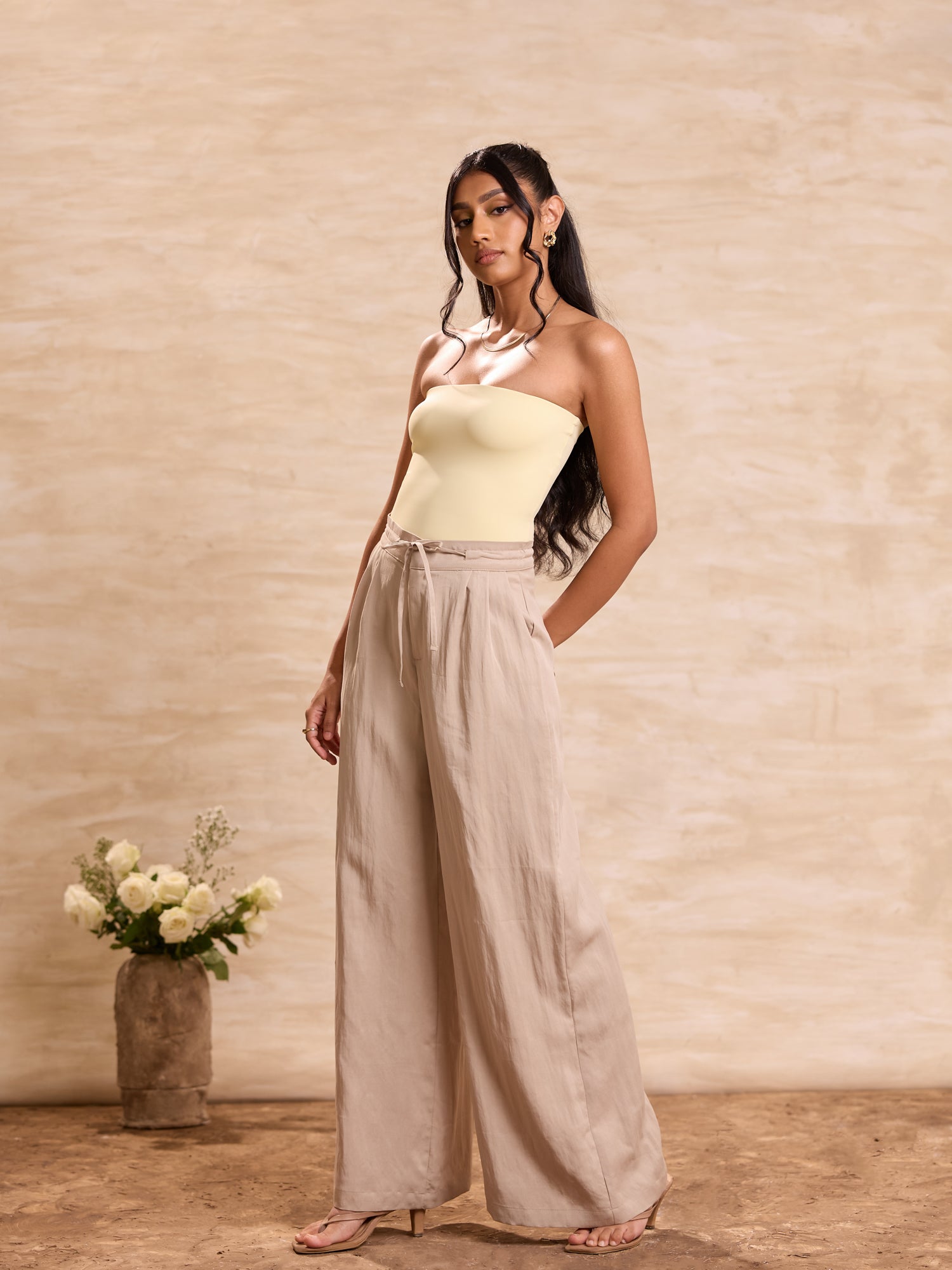 Front Pleated Tie Up Wide Leg Pant