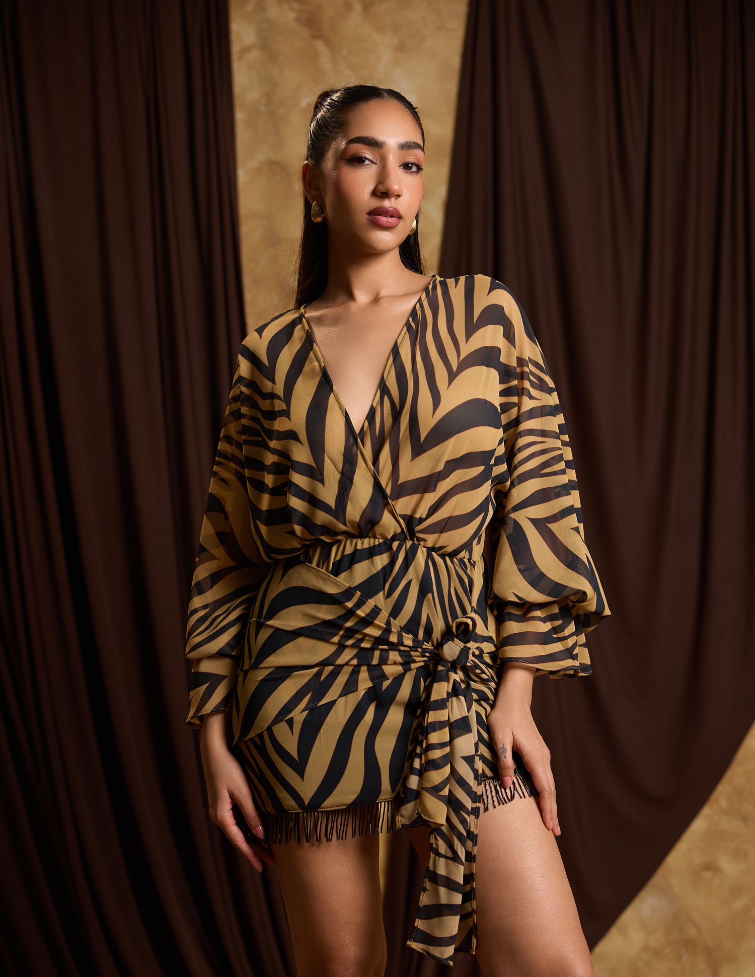 Fringe Detailed Front Mock Wrap Long Sleeved Mini Dress