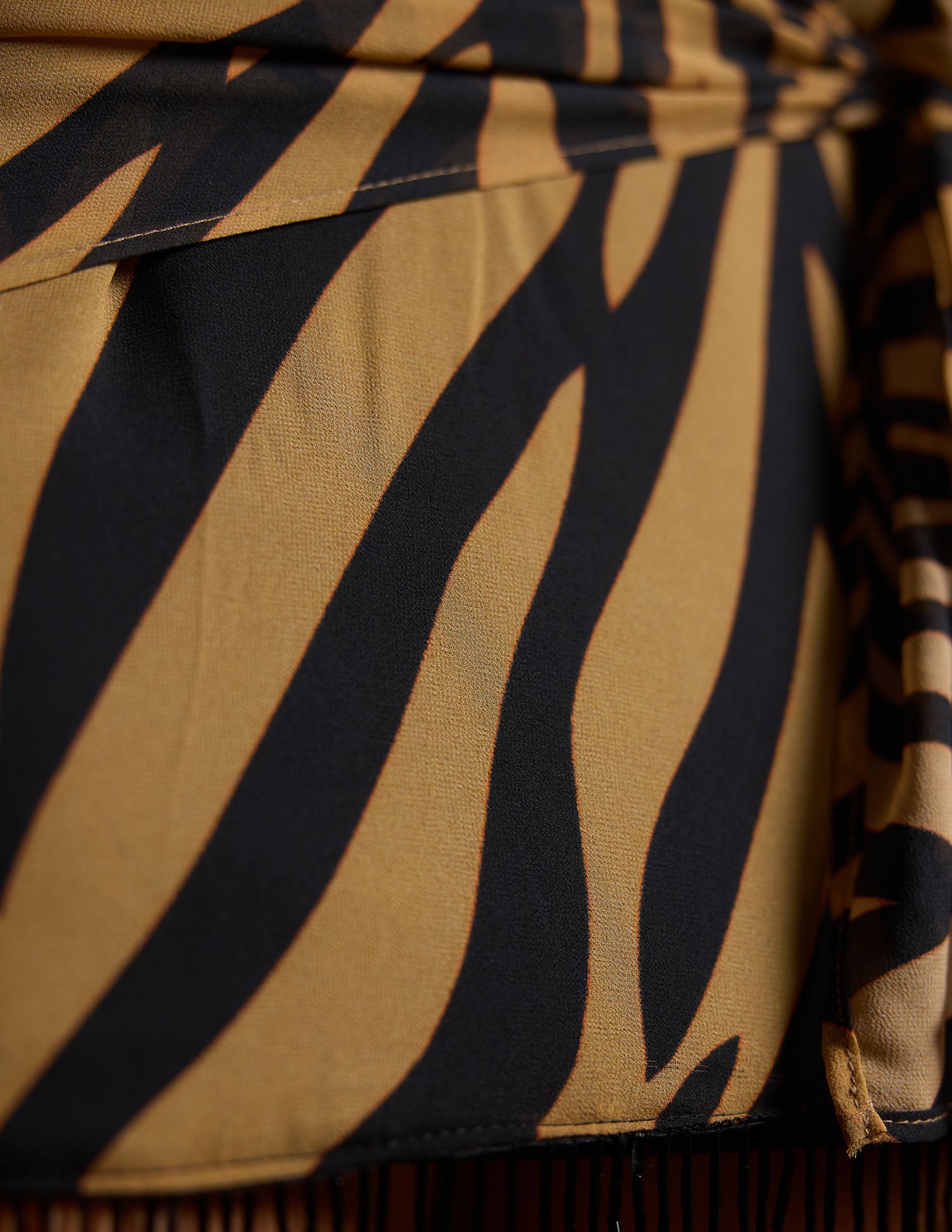 Fringe Detailed Front Mock Wrap Long Sleeved Mini Dress