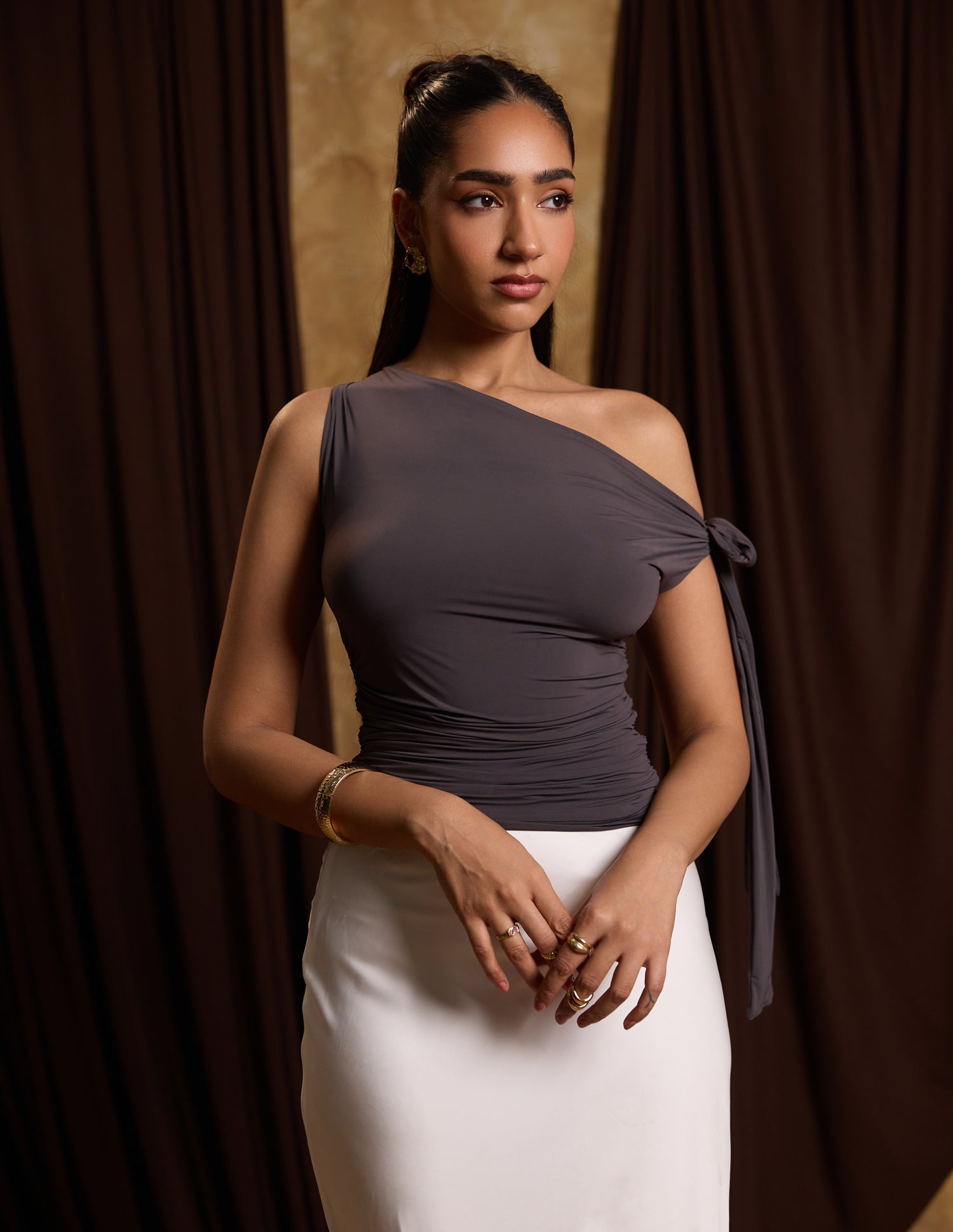 Front Cowl Neck Side Ruched Neck Tie Up Fitted Top