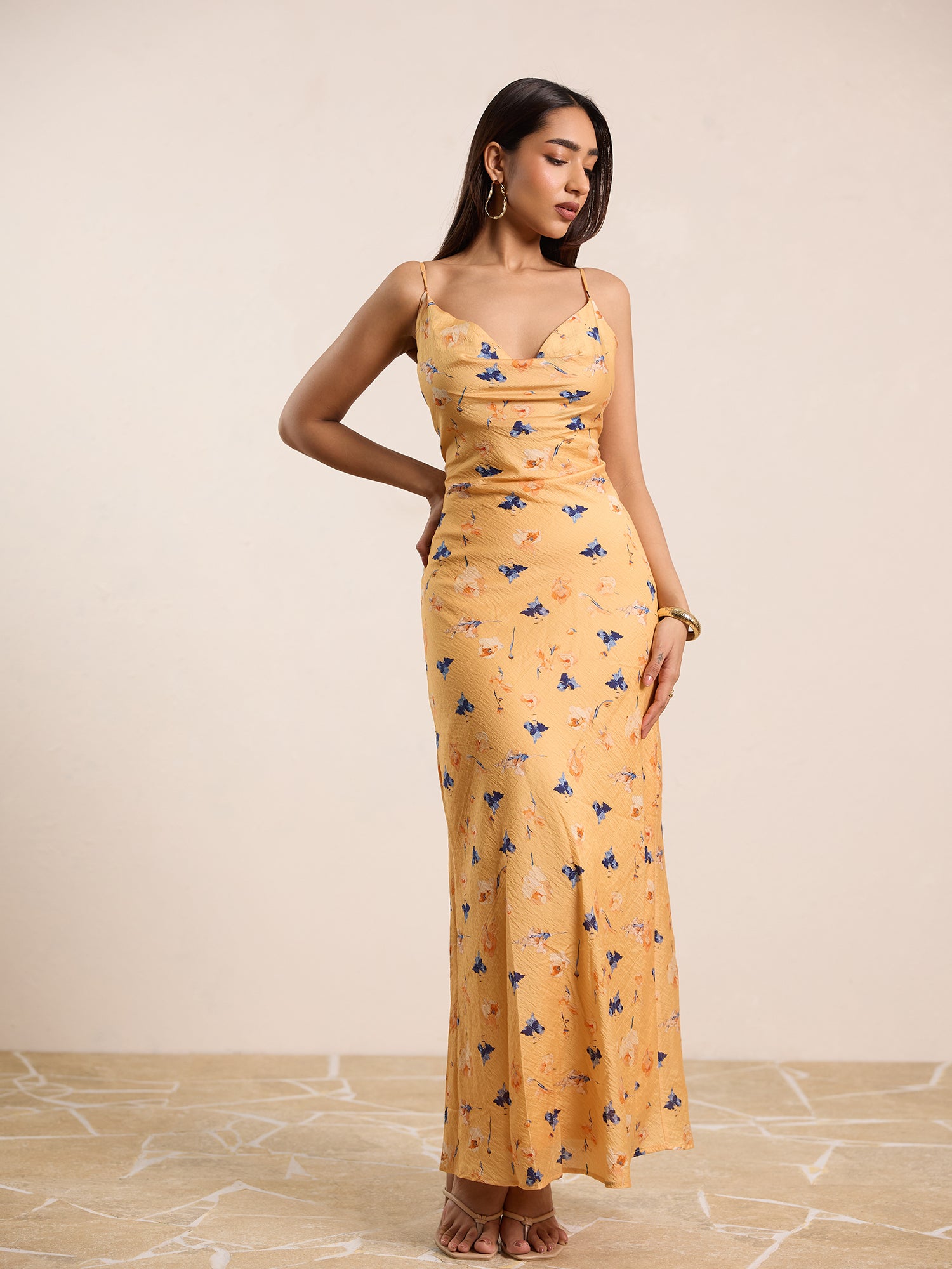 Front Cowl back Tie Up Printed Maxi Dress