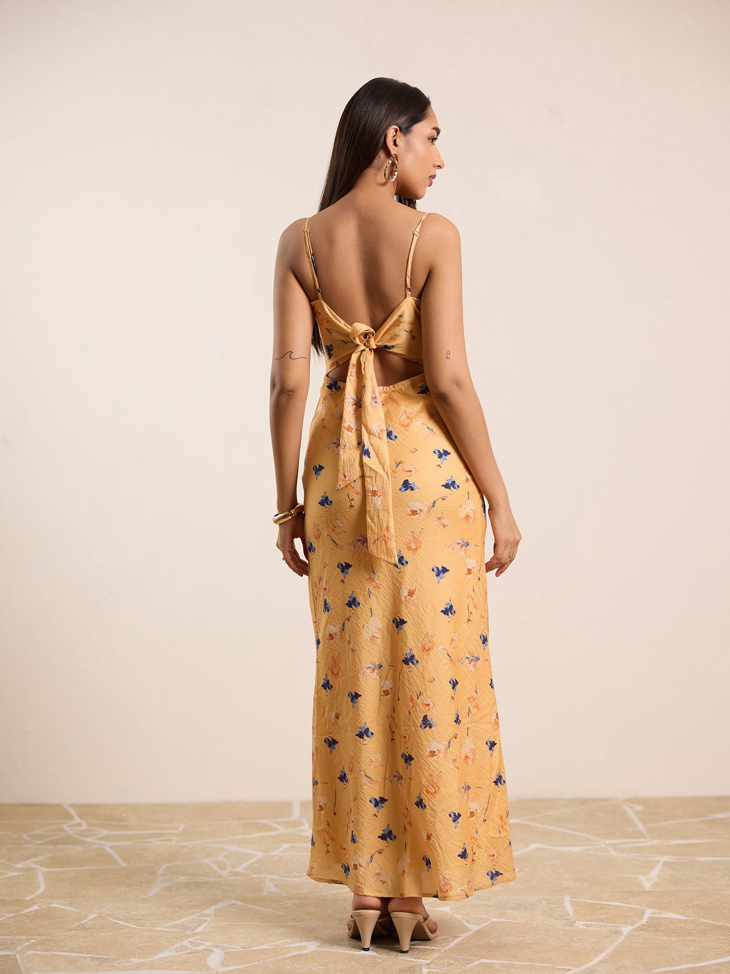 Front Cowl back Tie Up Printed Maxi Dress