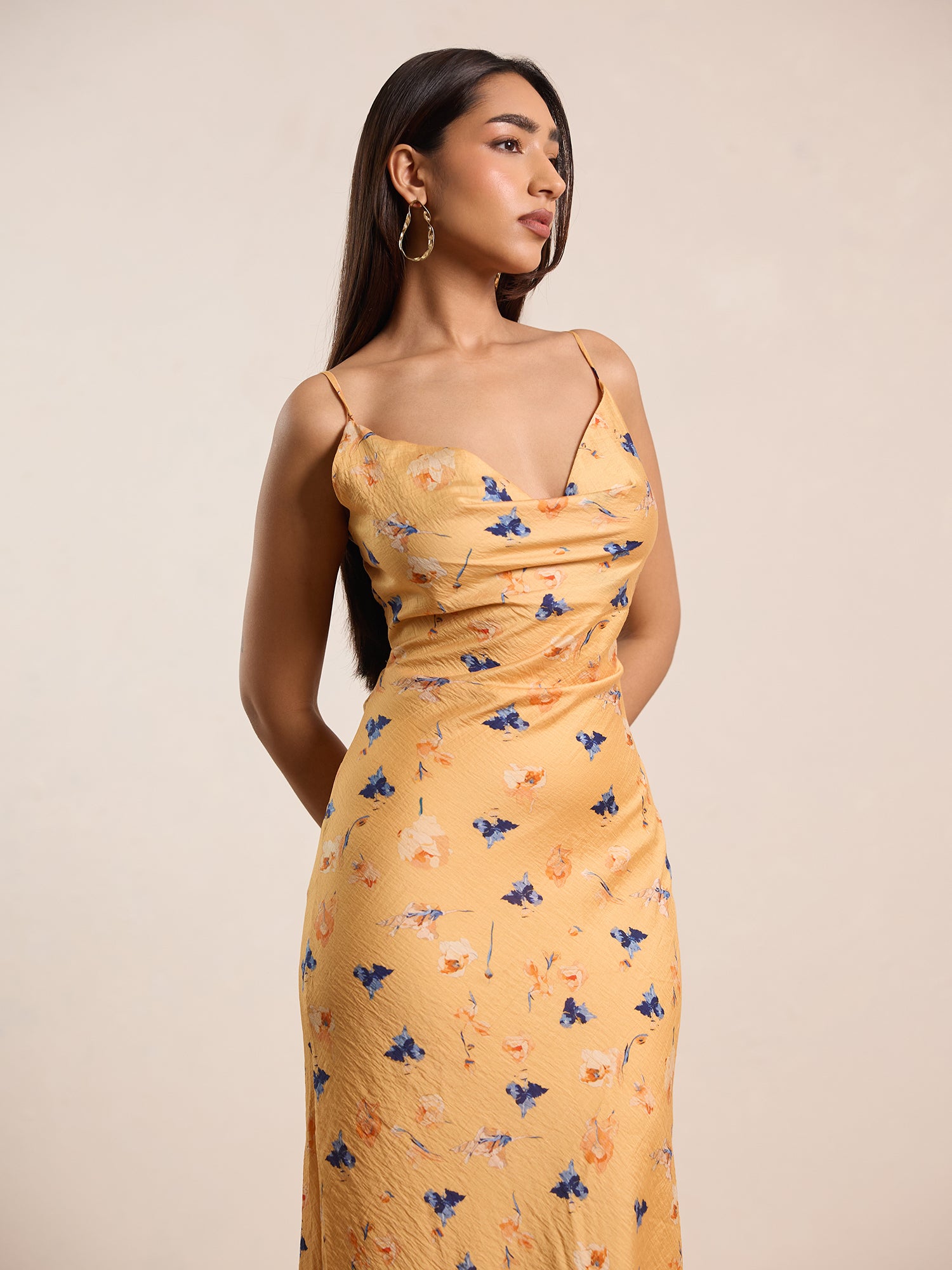 Front Cowl back Tie Up Printed Maxi Dress
