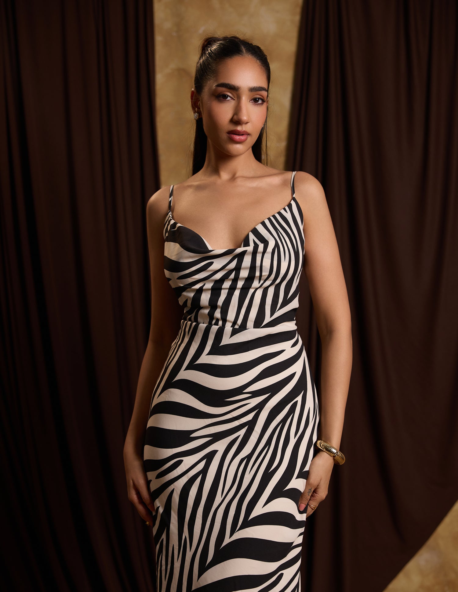 Front Cowl Neck Printed Maxi Dress