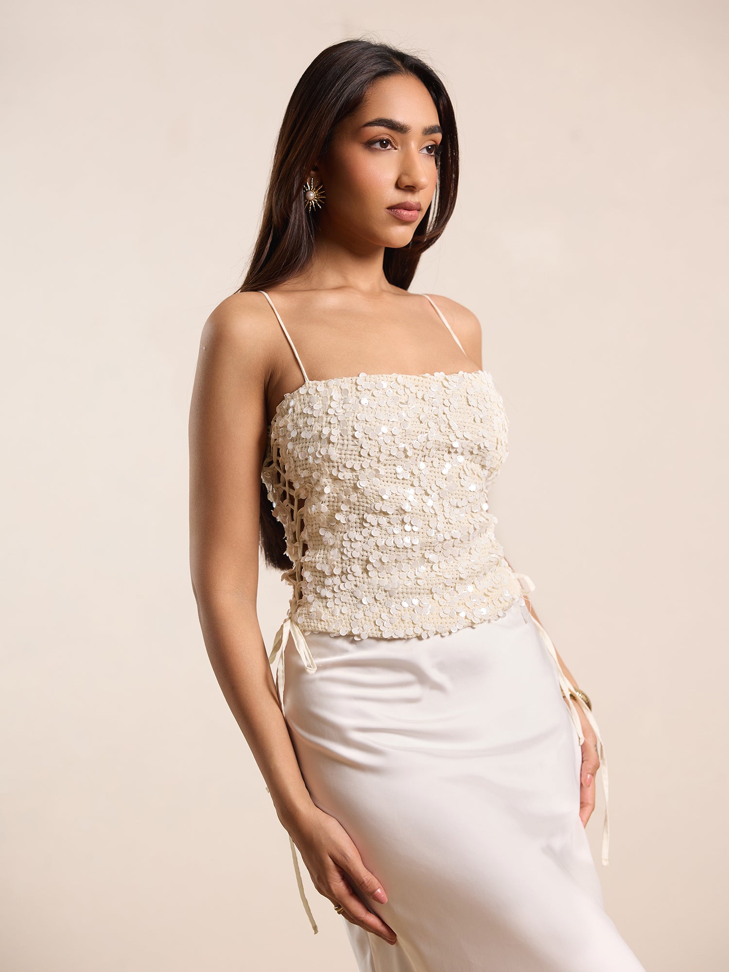 Side Tie Up Sleeveless Sequin Top