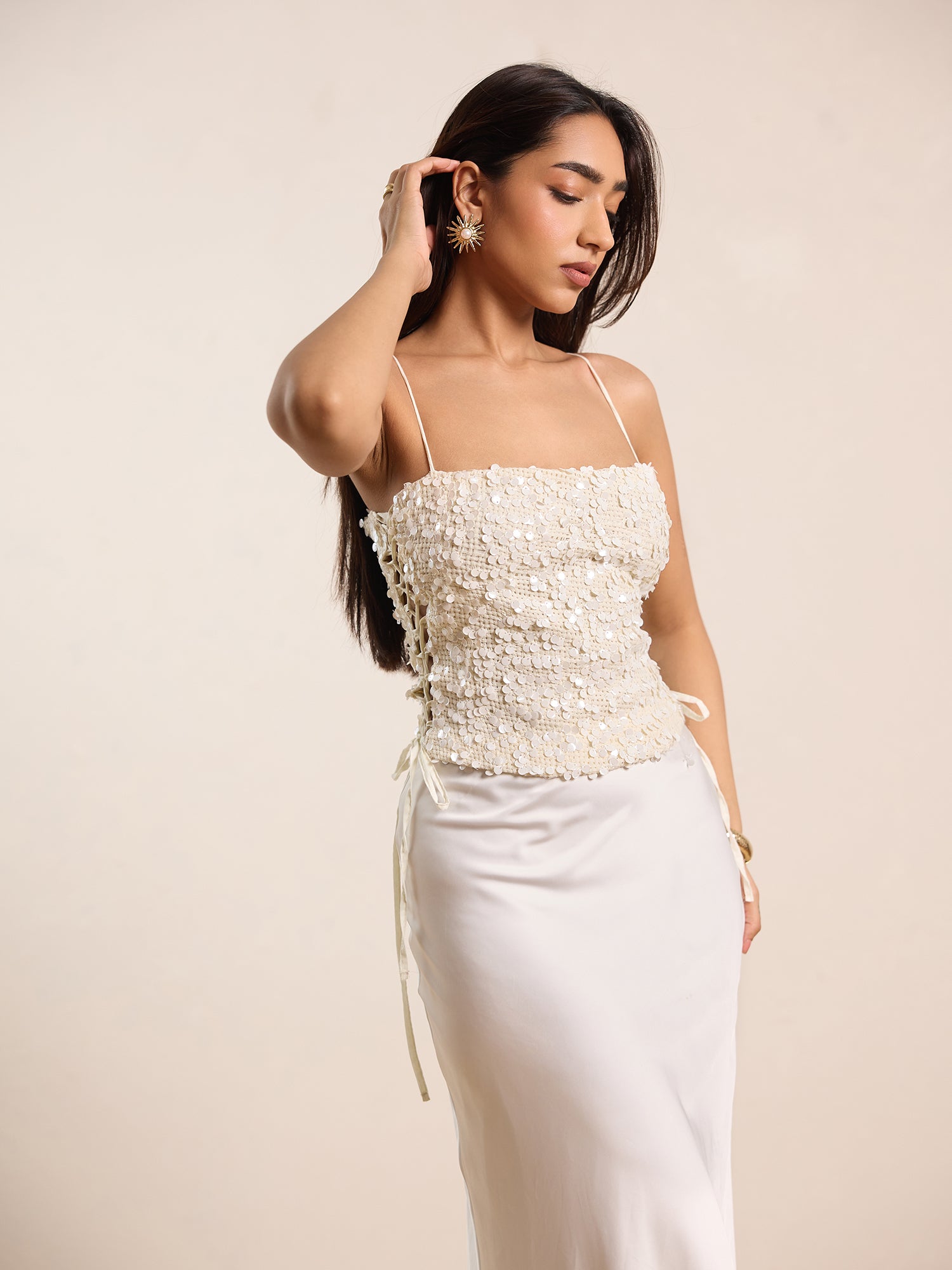 Side Tie Up Sleeveless Sequin Top