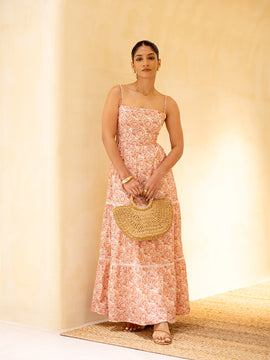 Ladder Lace Detailed Tiered Printed Maxi Dress