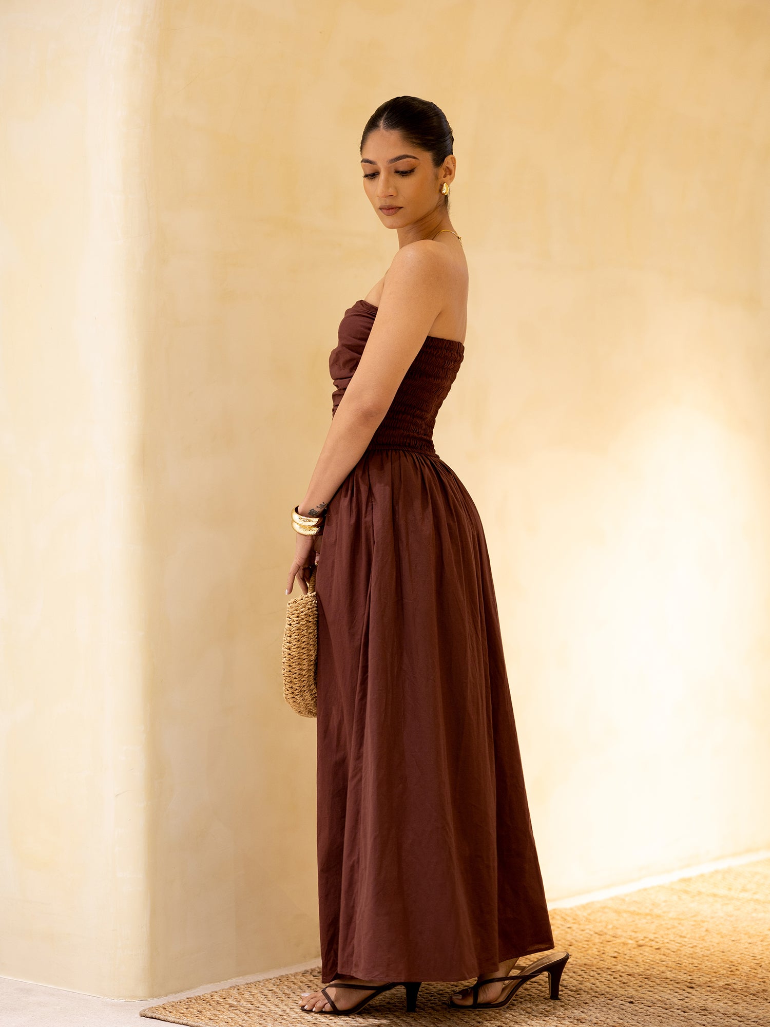 Back Smocking Side Ruched Maxi Dress