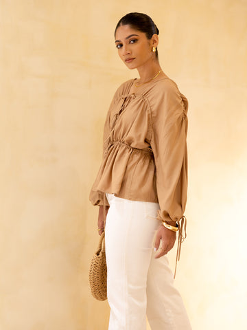 Front Tie Up Tunnel Detailed Long Sleeved Top