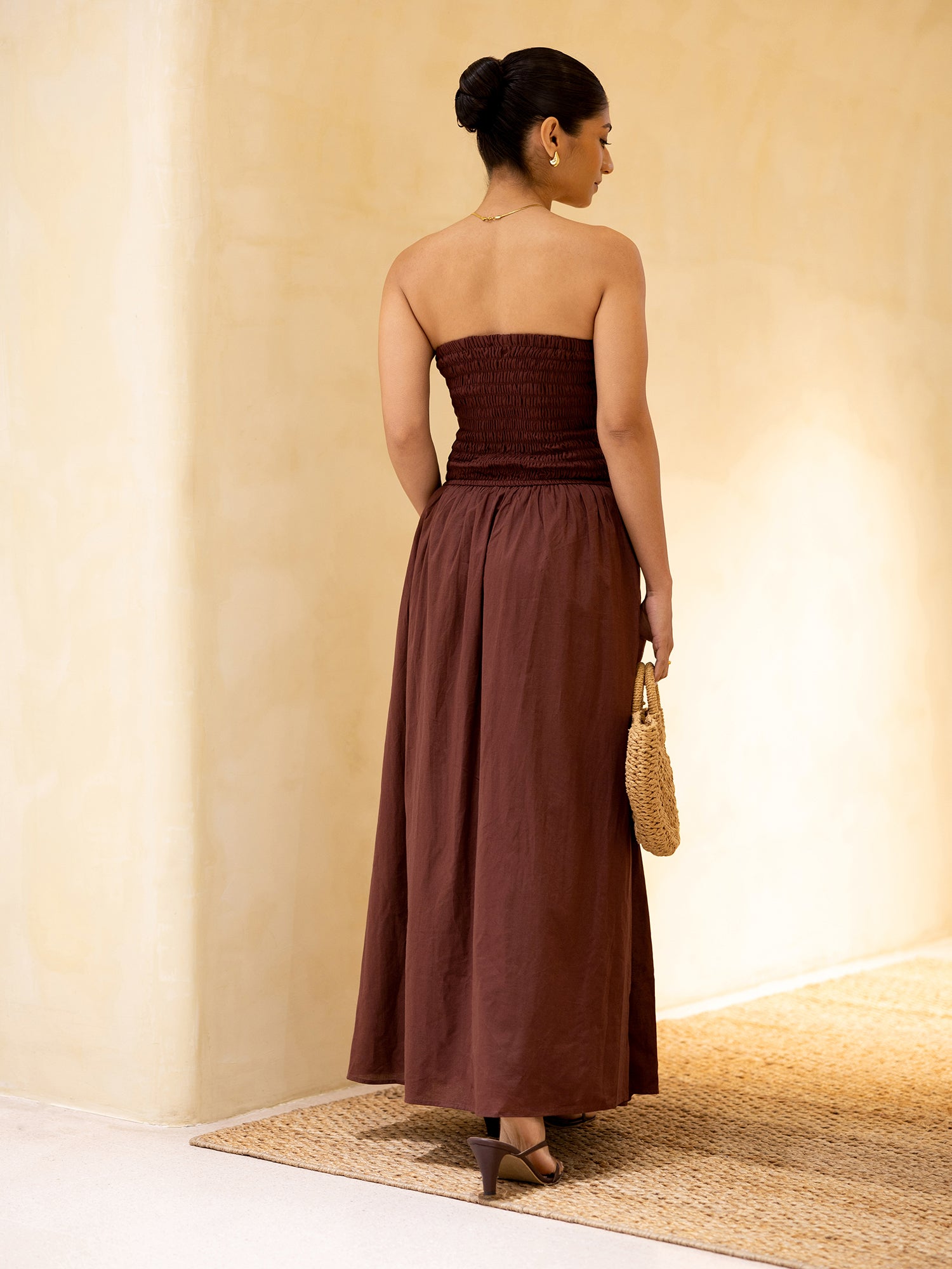 Back Smocking Side Ruched Maxi Dress