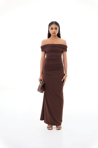 Off Shoulder Detailed Ruched Maxi Dress