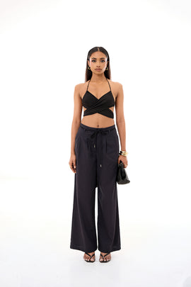 Tie Up Detailed High Waist Wide Leg Pant