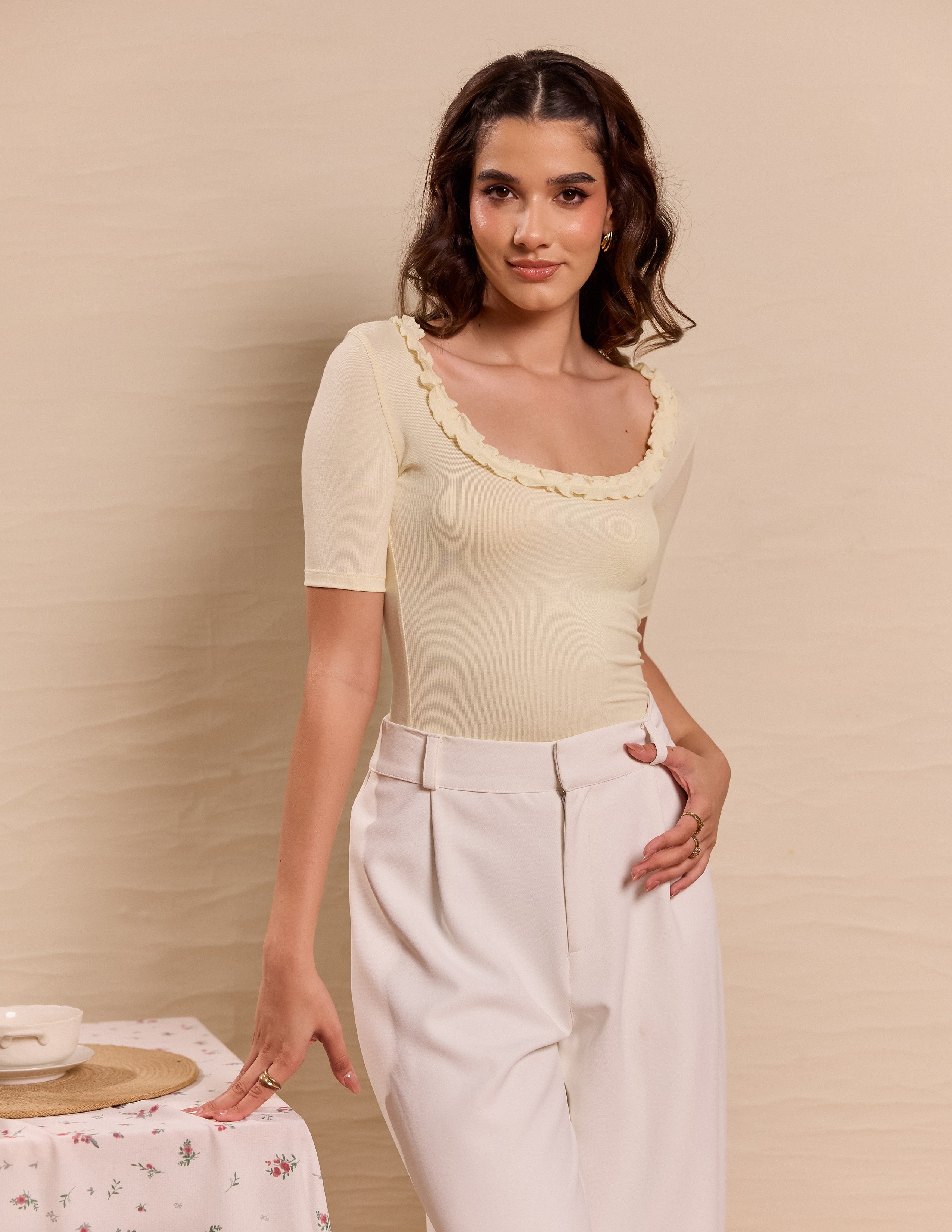 Short Sleeved Neck Frill Detailed Top