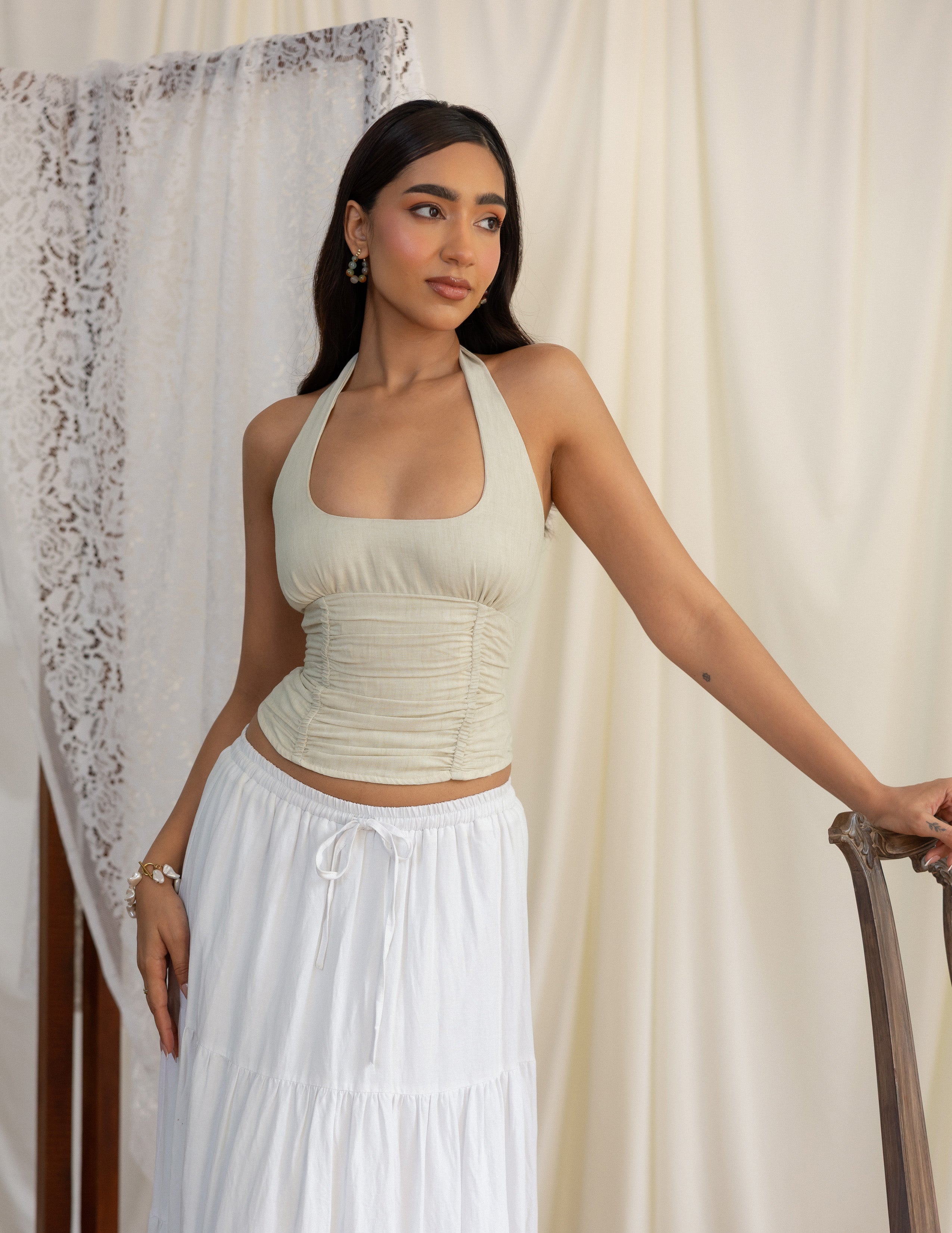 Front Gathered Halter Neck Back Tie Up Top