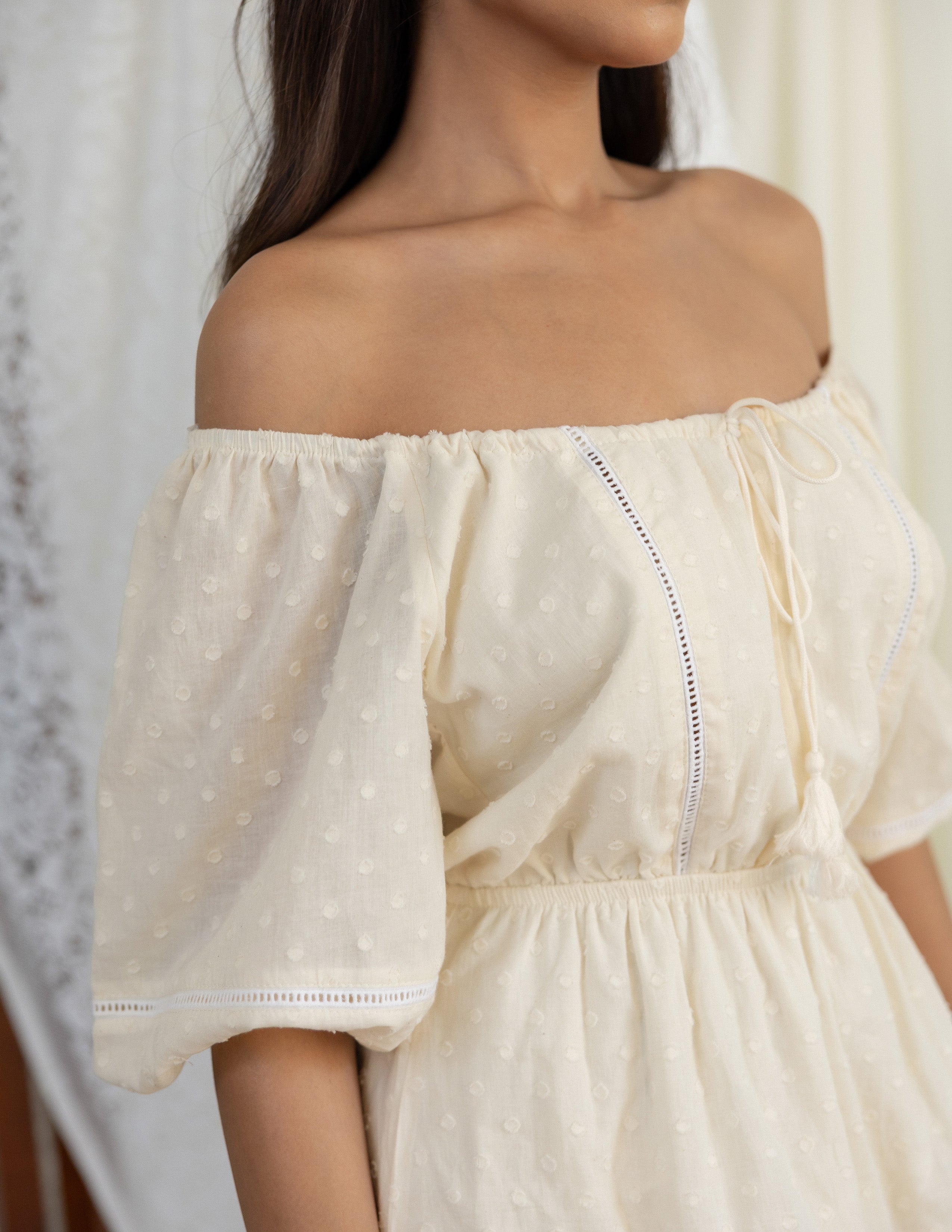 Tassel Detailed Puff Sleeve Mini Dress