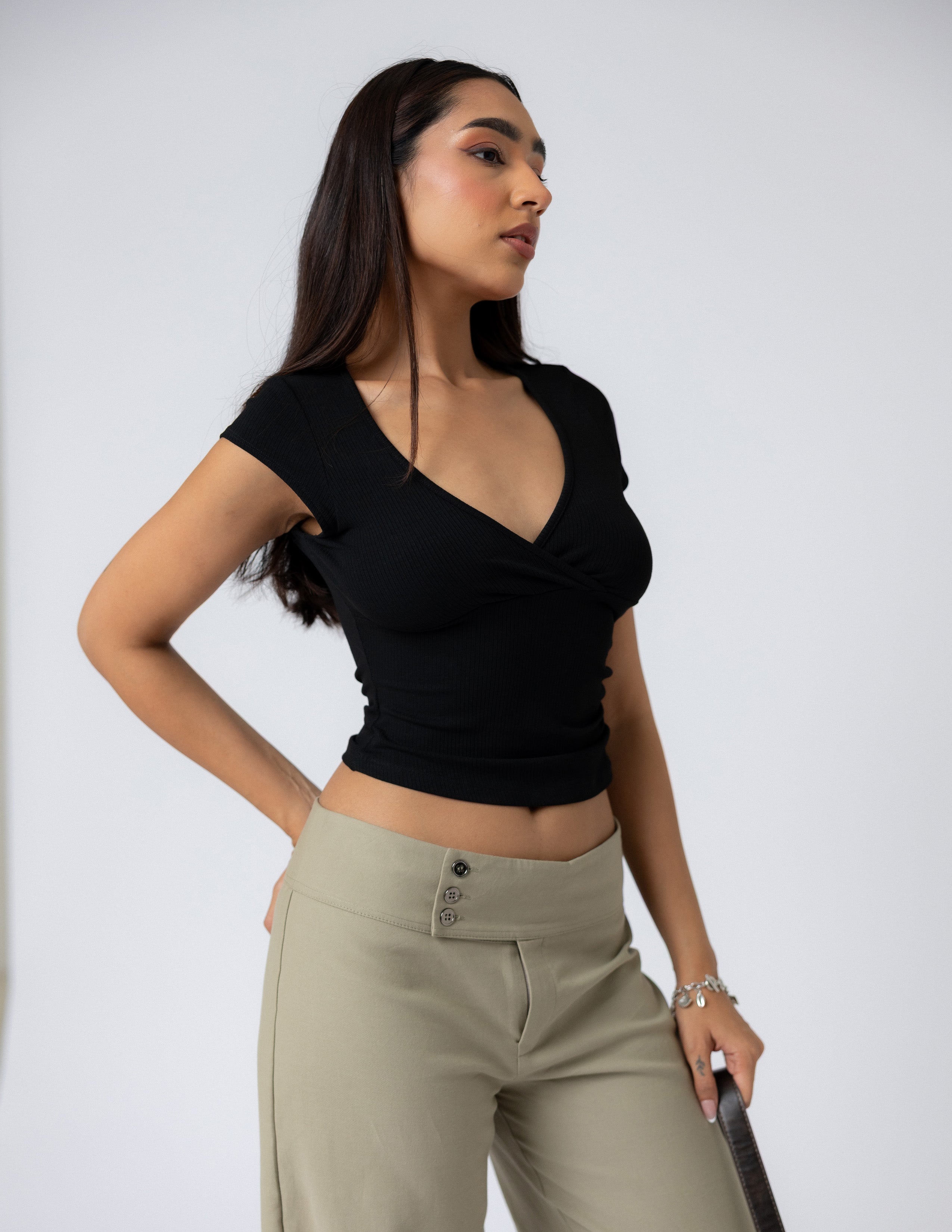 Front Overlapped One Side Ruched Short Sleeved Top