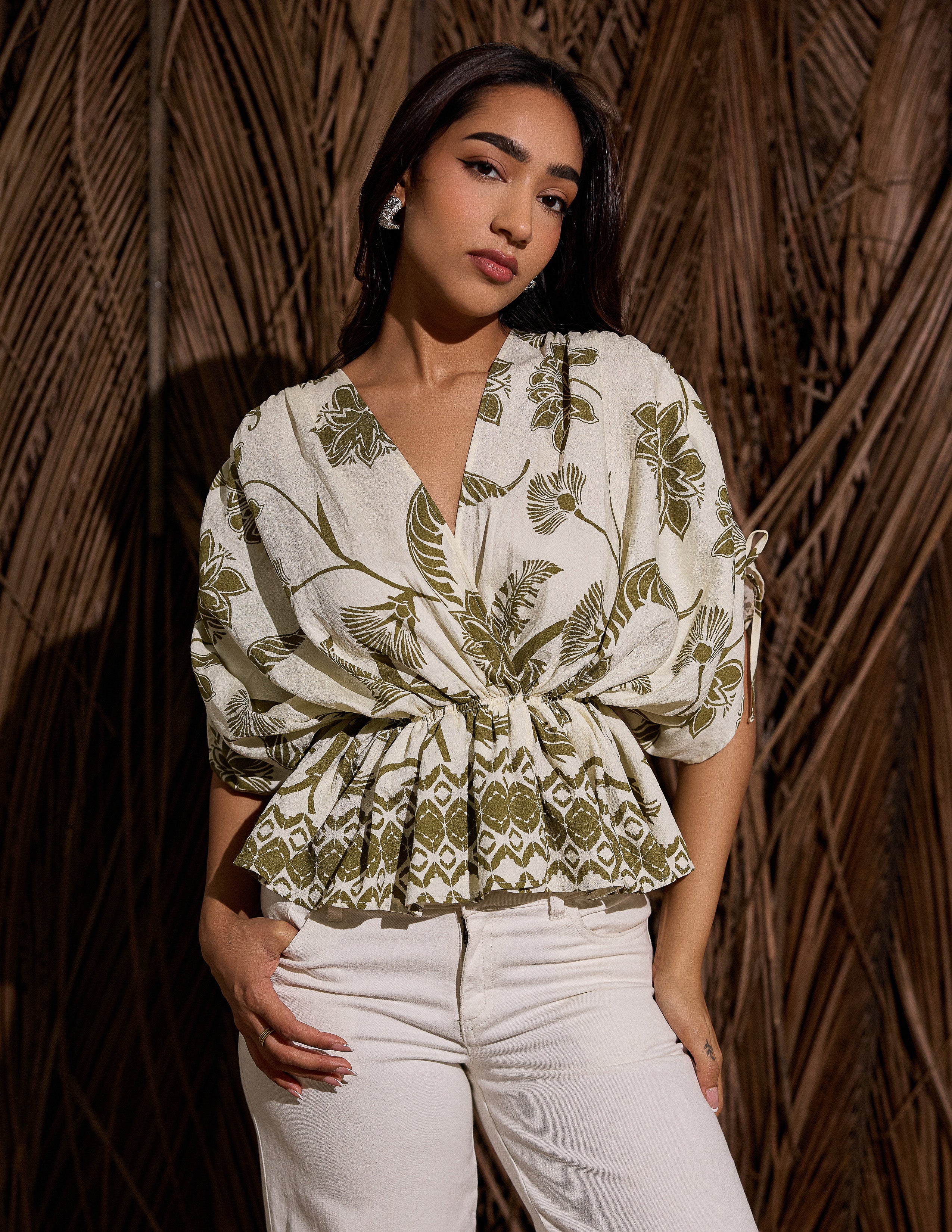 Printed Mock Wrap Top