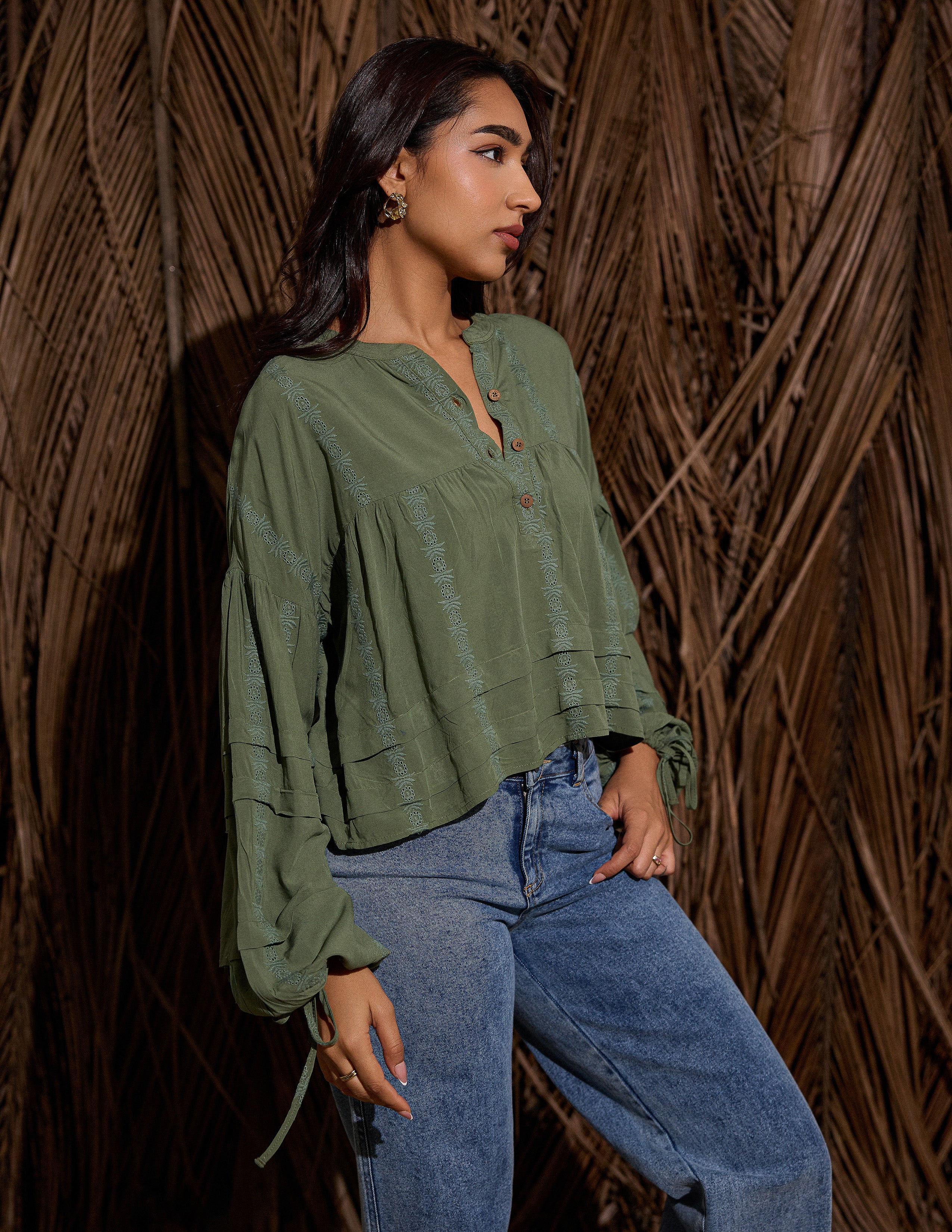 Pintuck Detail Embroidered Top