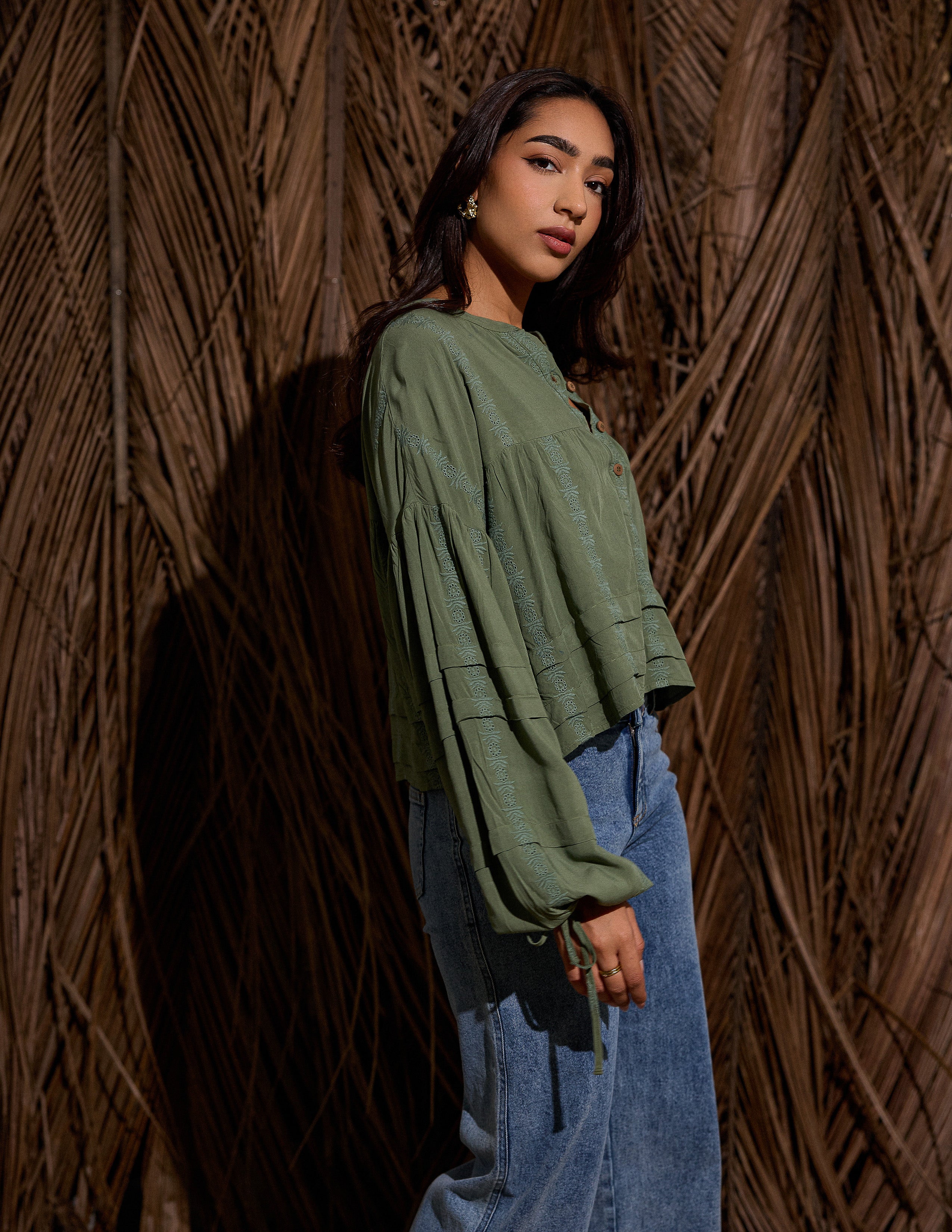 Pintuck Detail Embroidered Top
