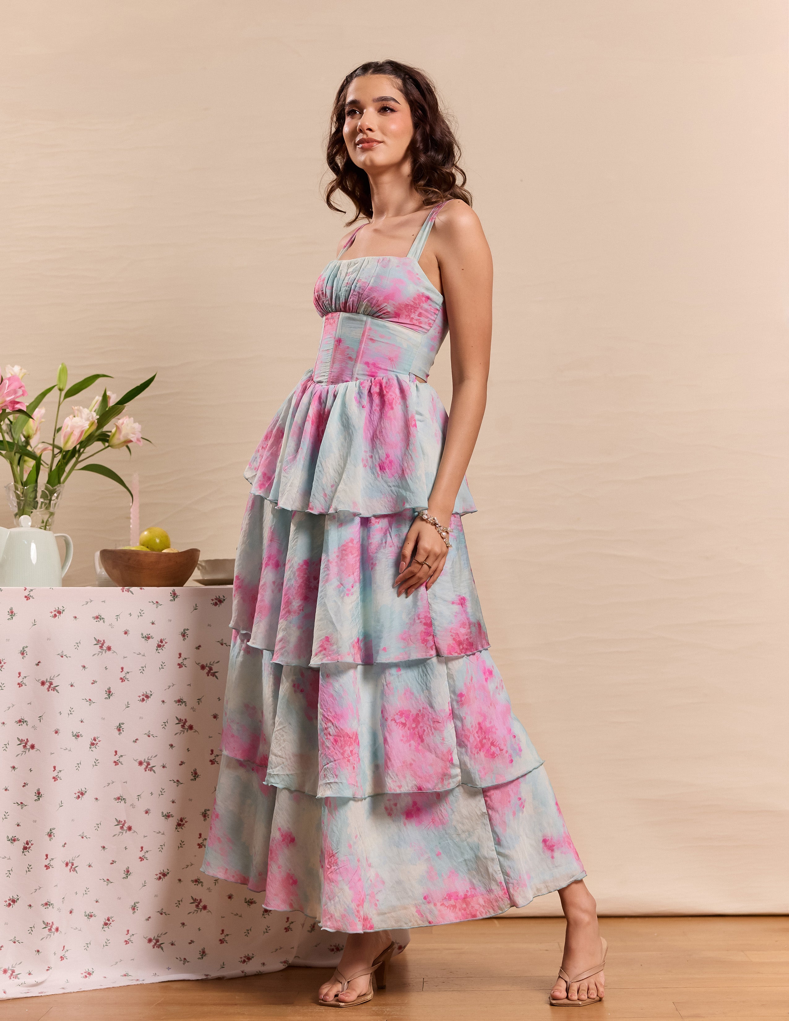 Front Bustier Tiered Maxi Dress