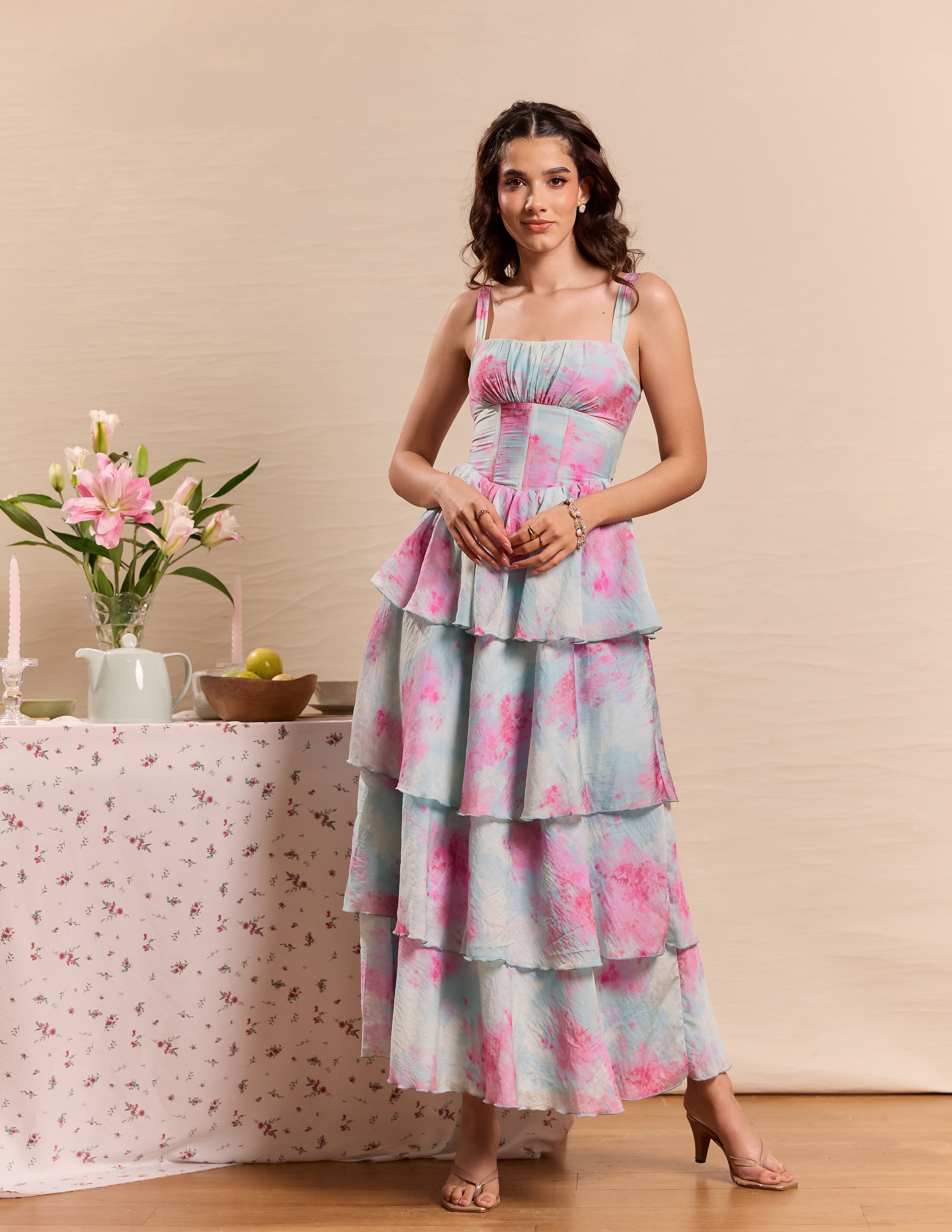 Front Bustier Tiered Maxi Dress