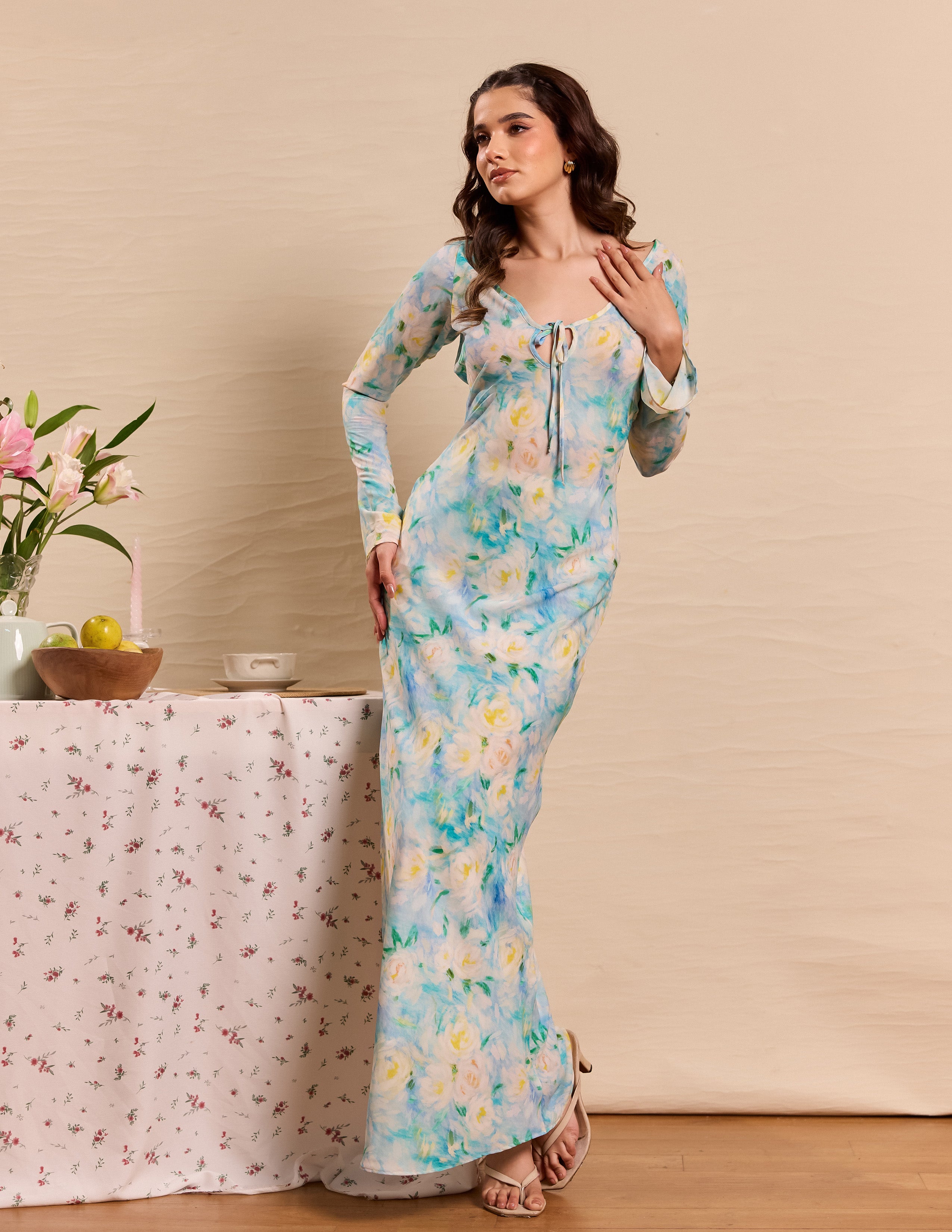 Deep Neck Front Tie Up Long Sleeved Maxi Dress
