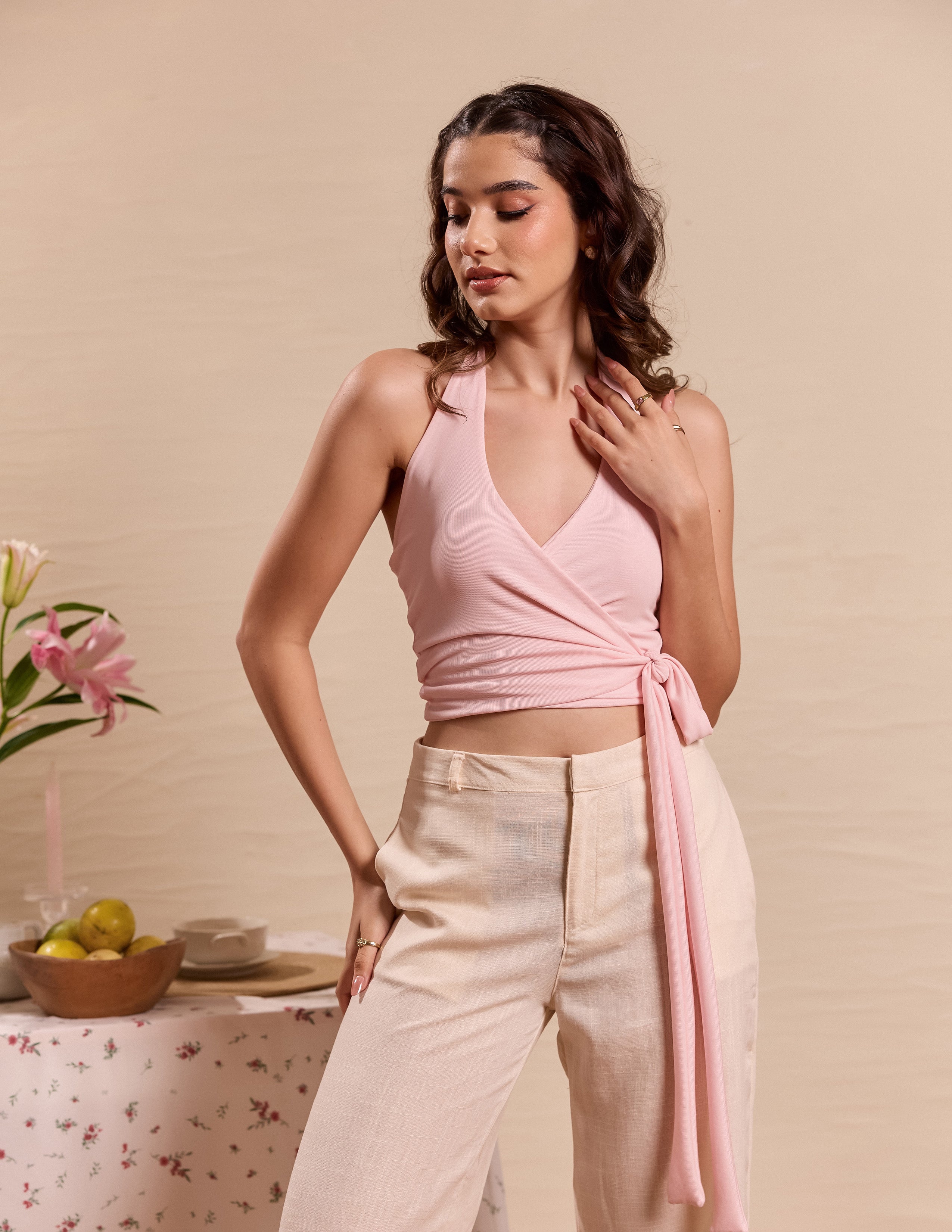 Sleeveless Front Wrap Tie Up Top