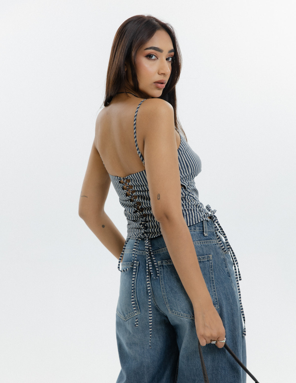 Striped Side Tie Up Detailed Corset Top