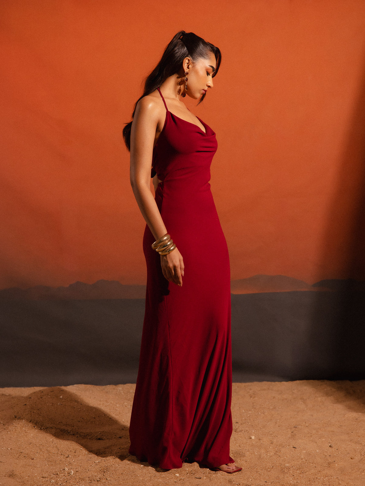 Front Cowl back Tie Up Maxi Dress