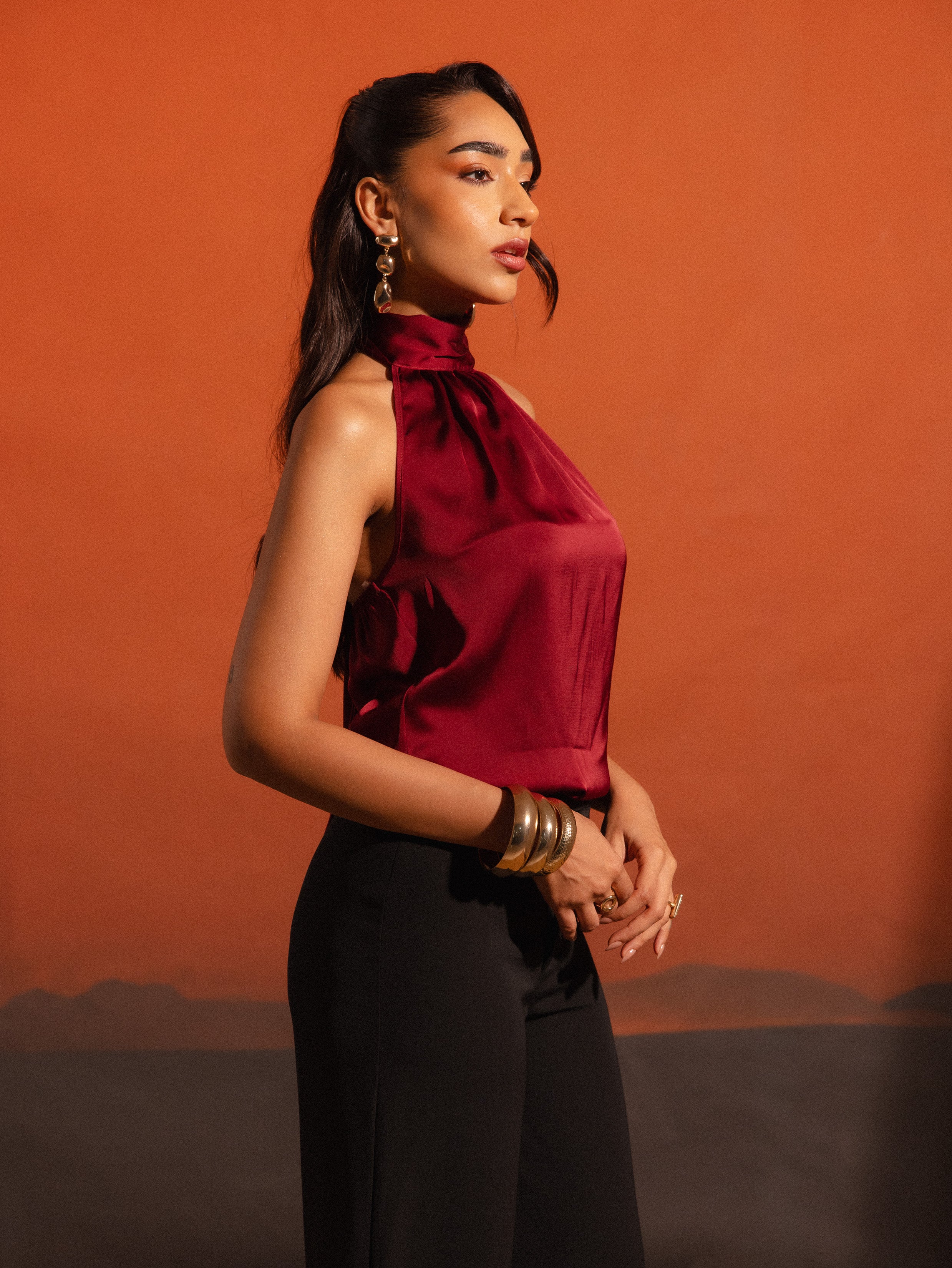 High Neck Tie Up Detailed Top