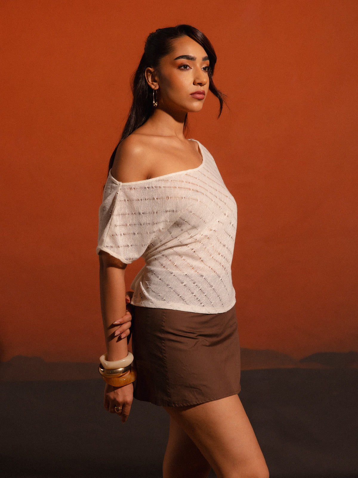 Off Shoulder Waist Tie Up Knit Top