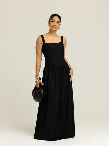 Thick Strap Detailed Low Waist Midi Dress
