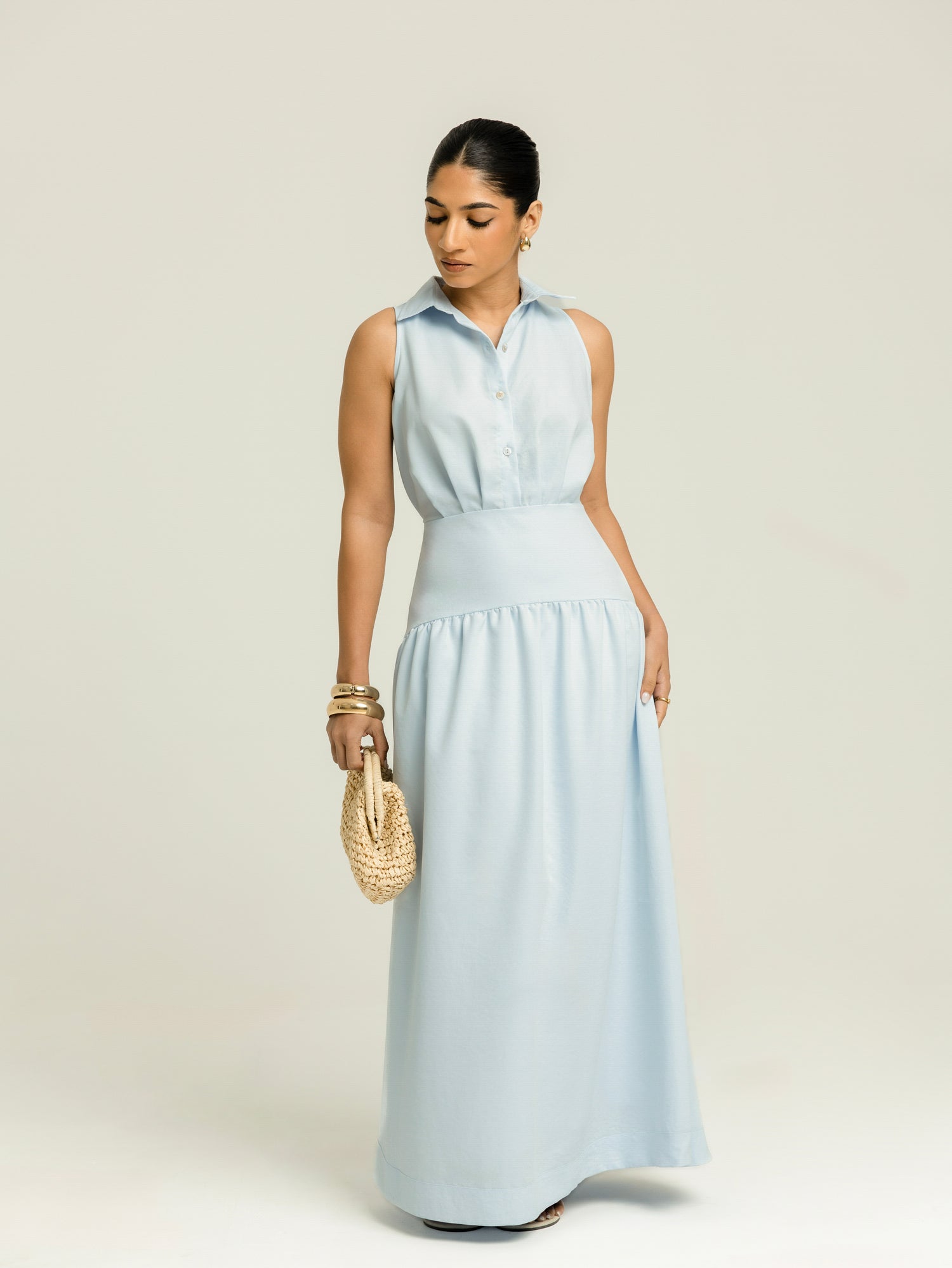 Collar Detailed Yoke Gathering Maxi Dress