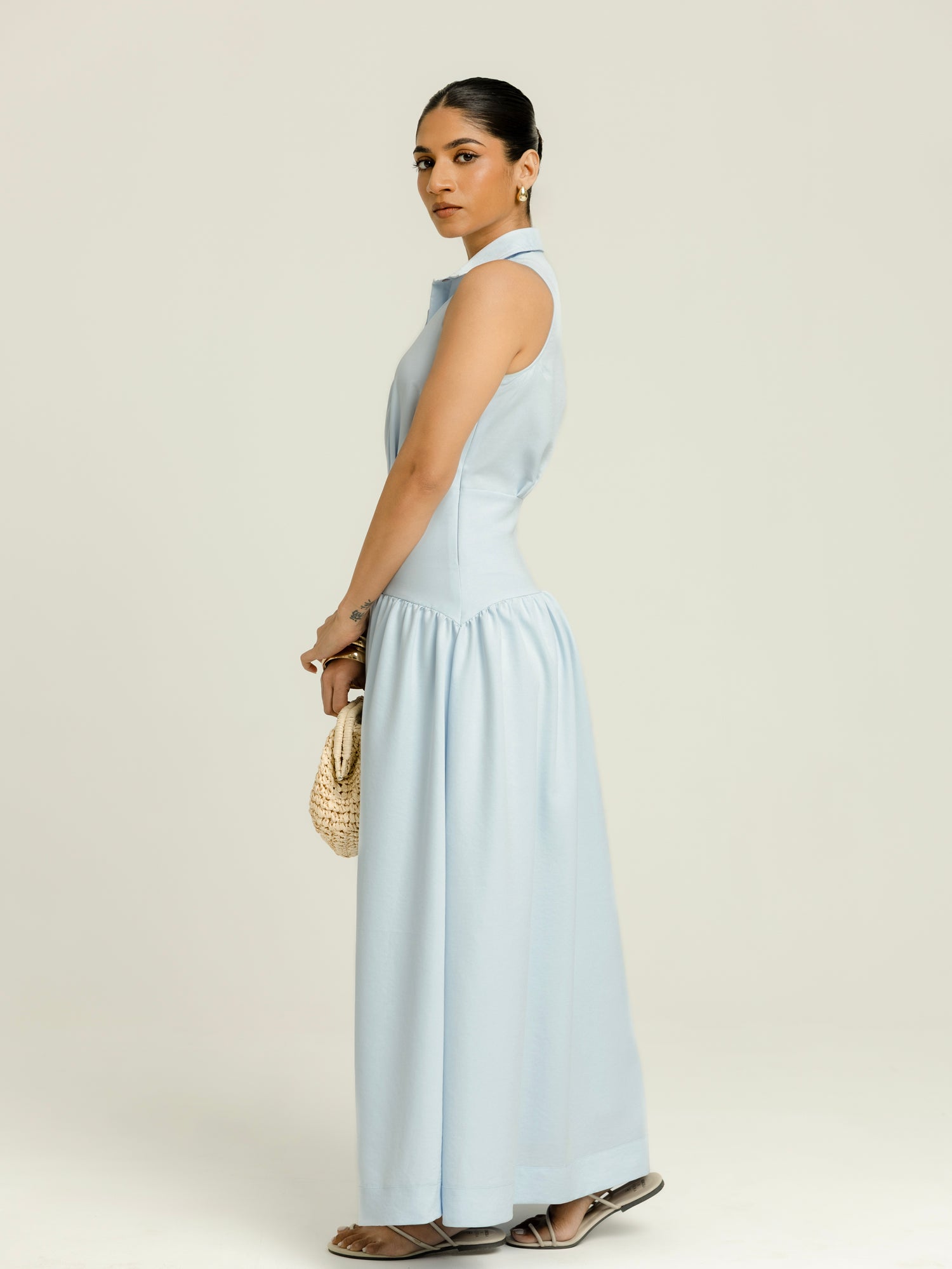 Collar Detailed Yoke Gathering Maxi Dress