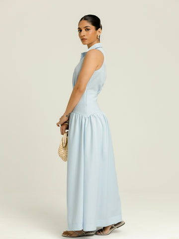 Collar Detailed Yoke Gathering Maxi Dress