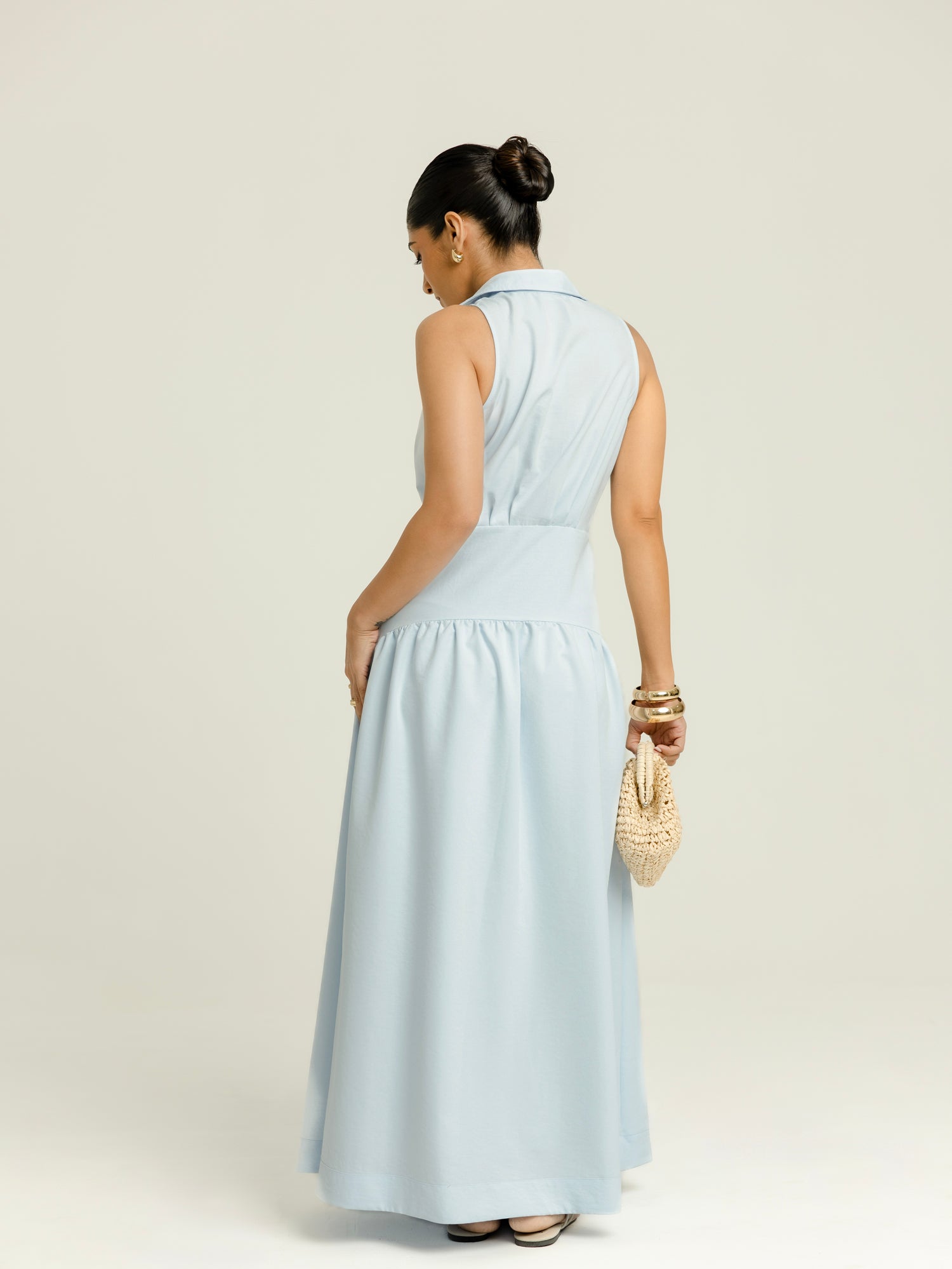 Collar Detailed Yoke Gathering Maxi Dress