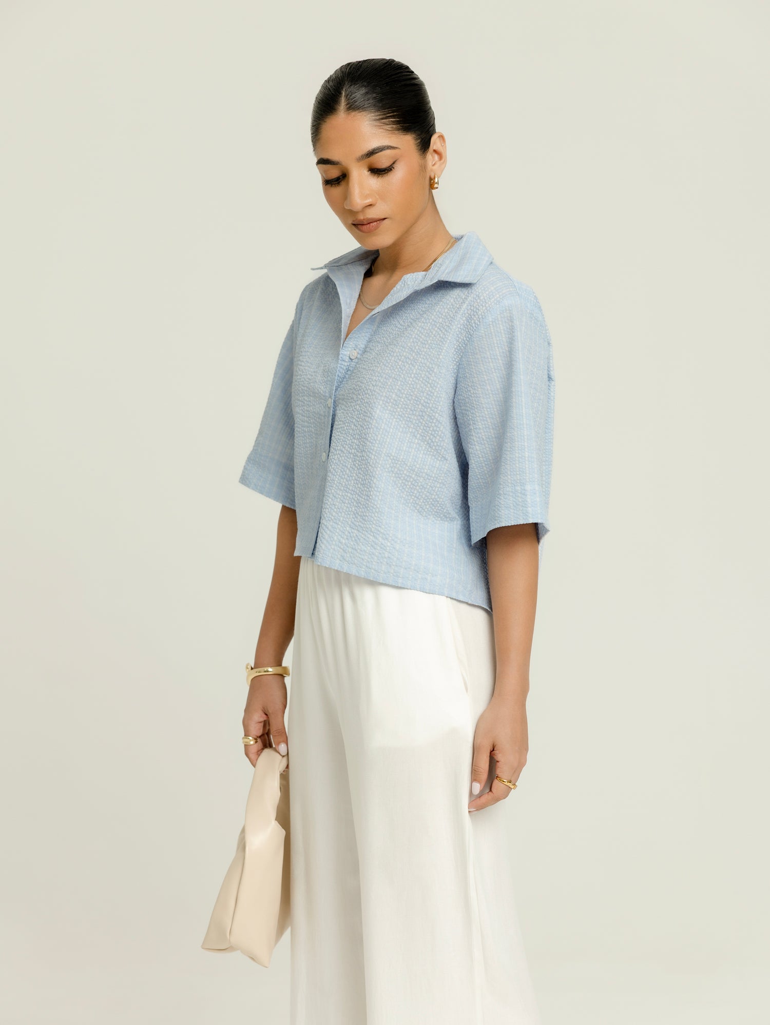 Collar Detailed Button Down Short Sleeved Oversized Crop Top