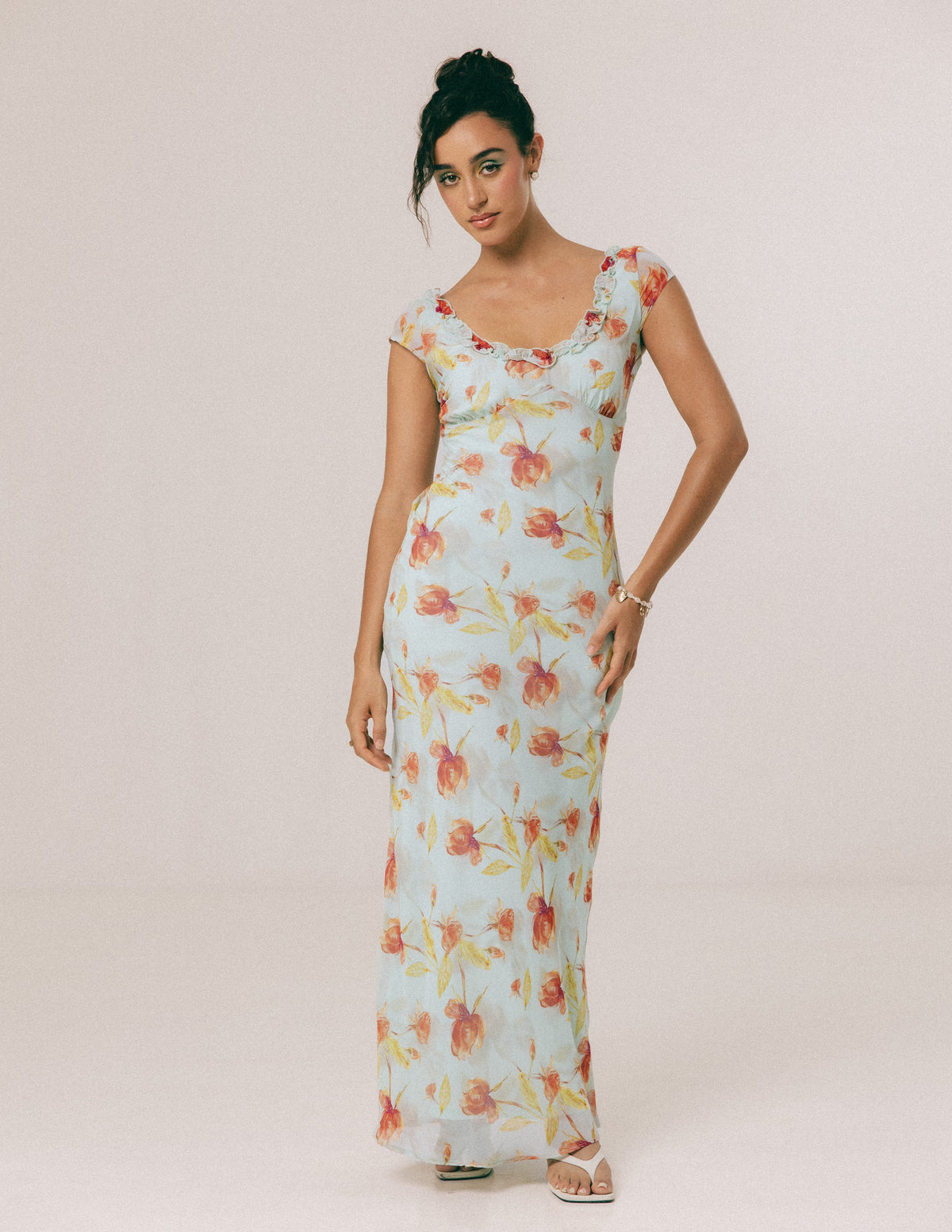 FRILL DETAILED PRINTED MAXI DRESS