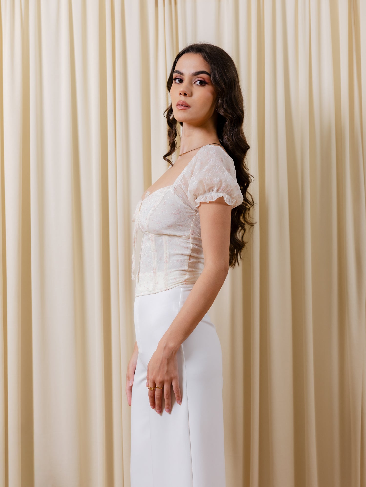 Puff Sleeved Printed Corset Top