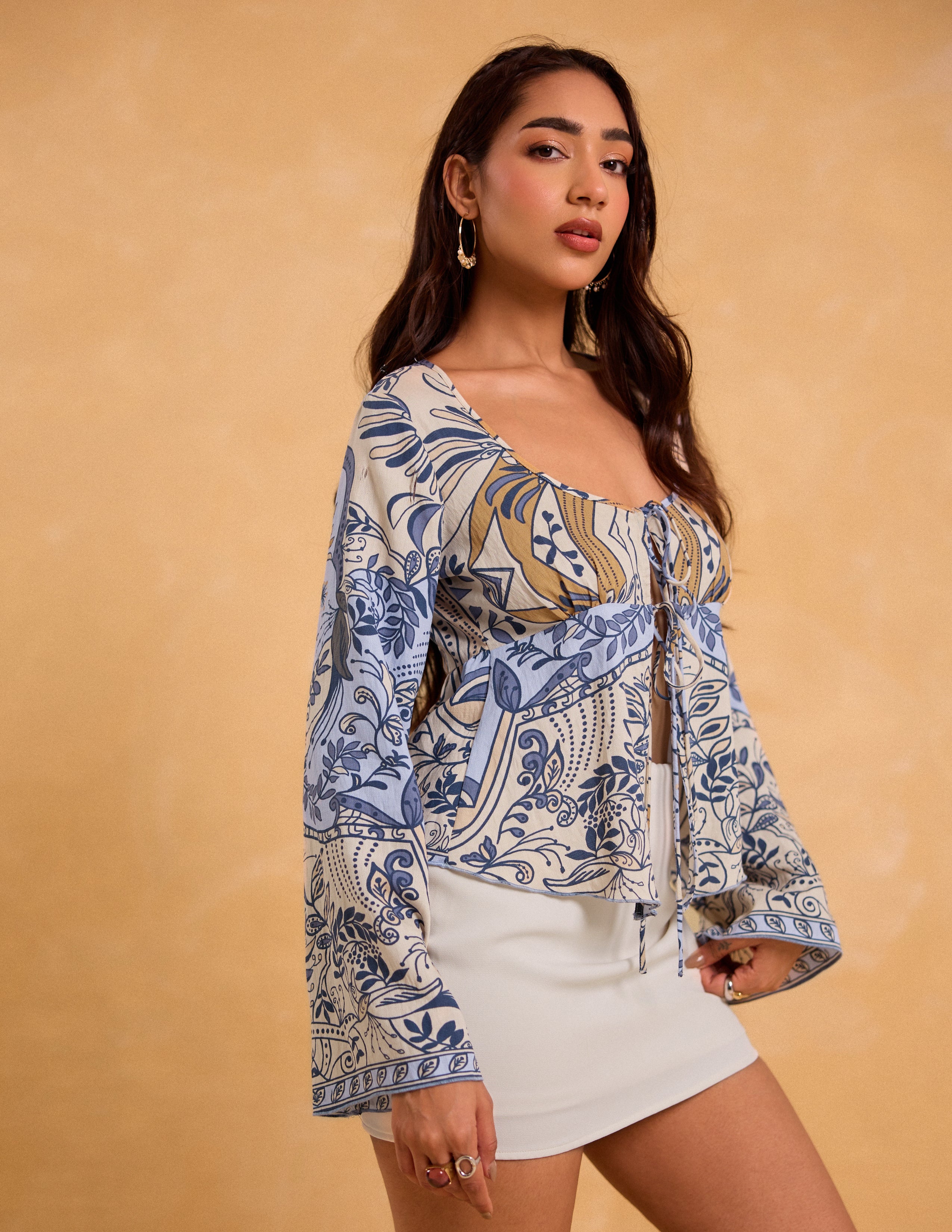 Front Tie Up Printed Long Sleeved Top