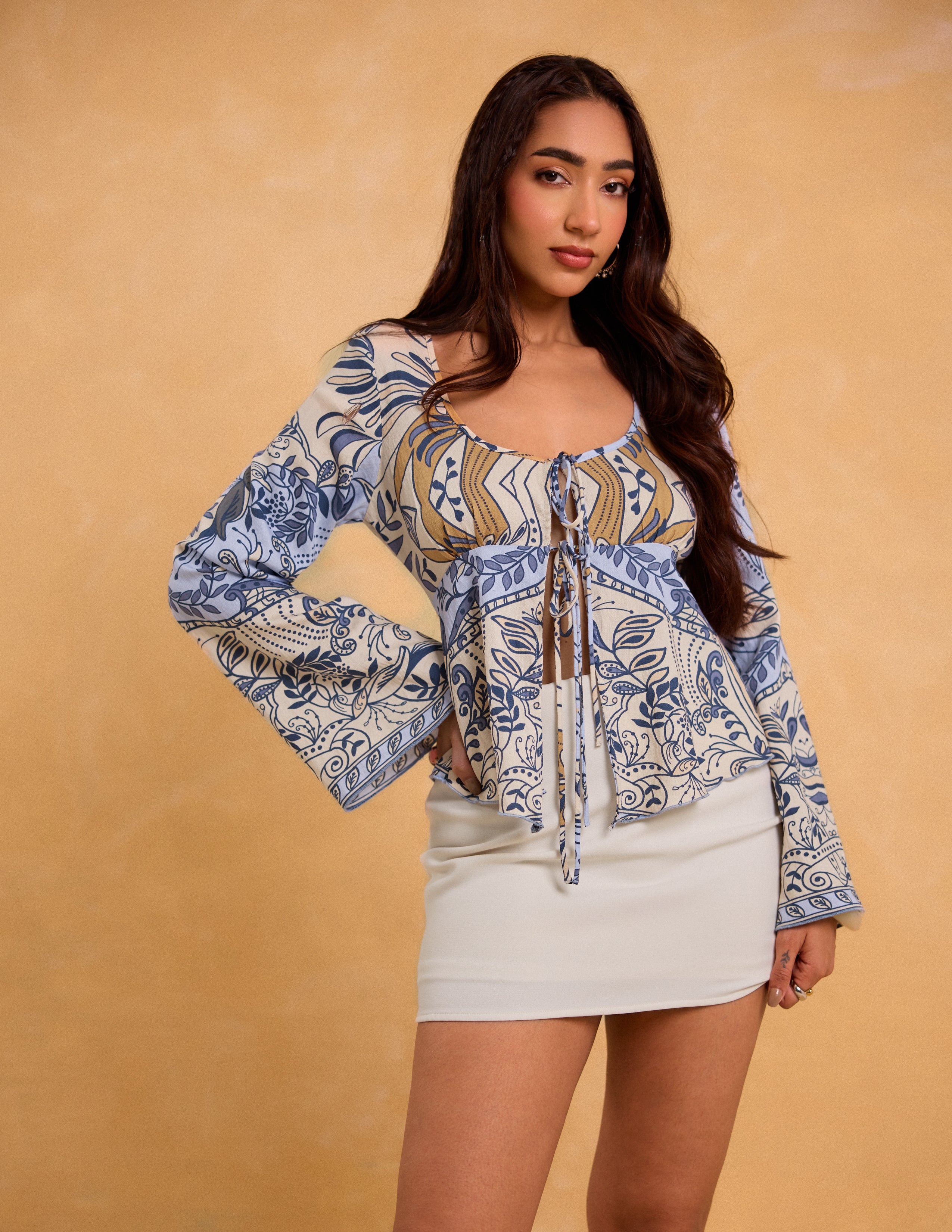 Front Tie Up Printed Long Sleeved Top