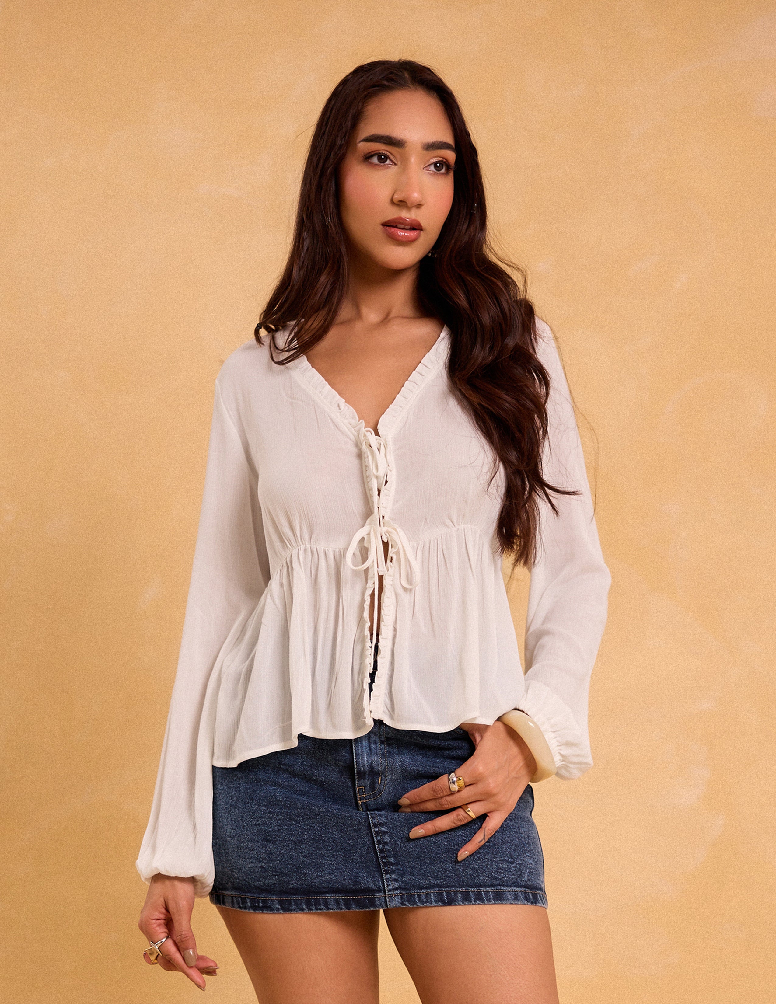 Front Tie Up Long Sleeved Top