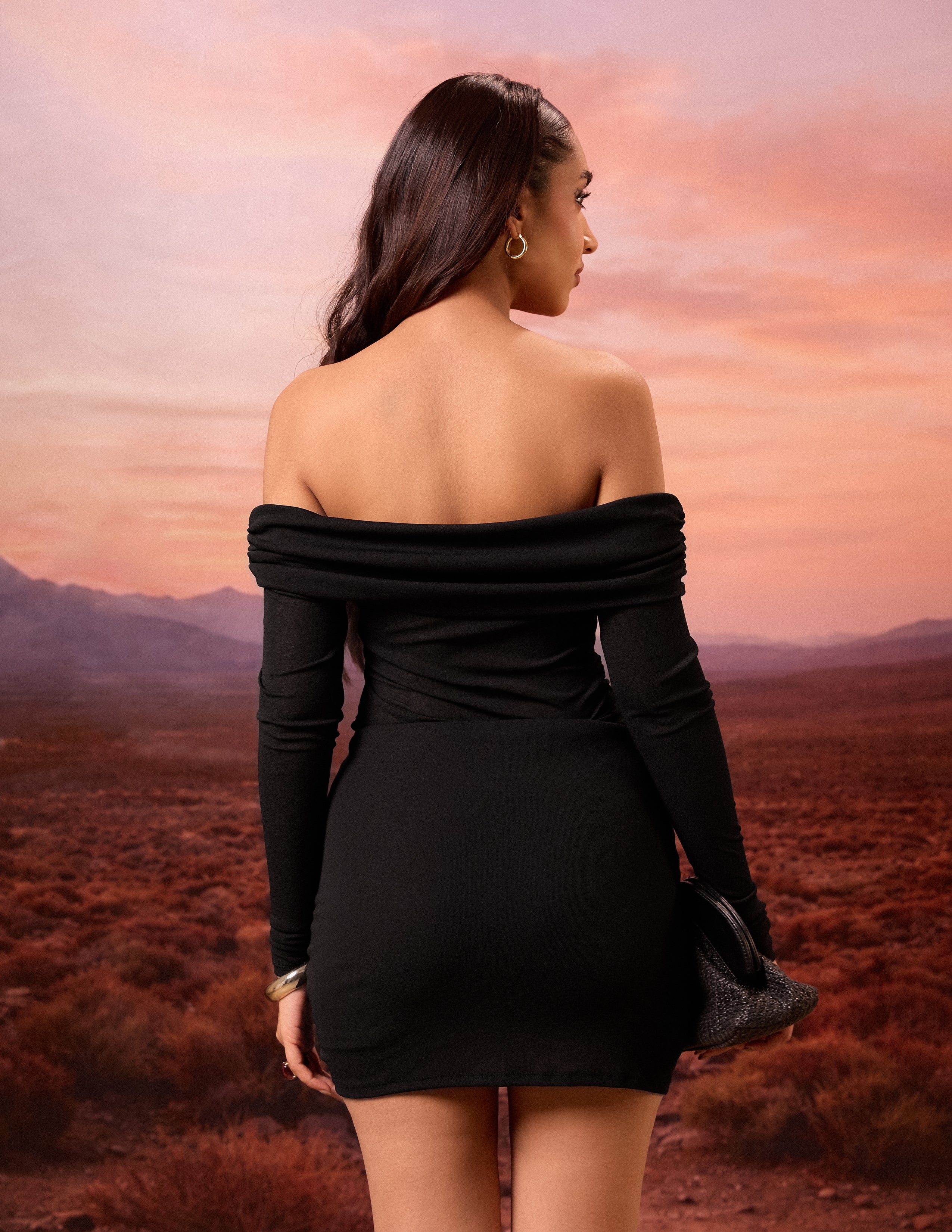 Off Shoulder Skirt Ruched Long Sleeved Mini Dress