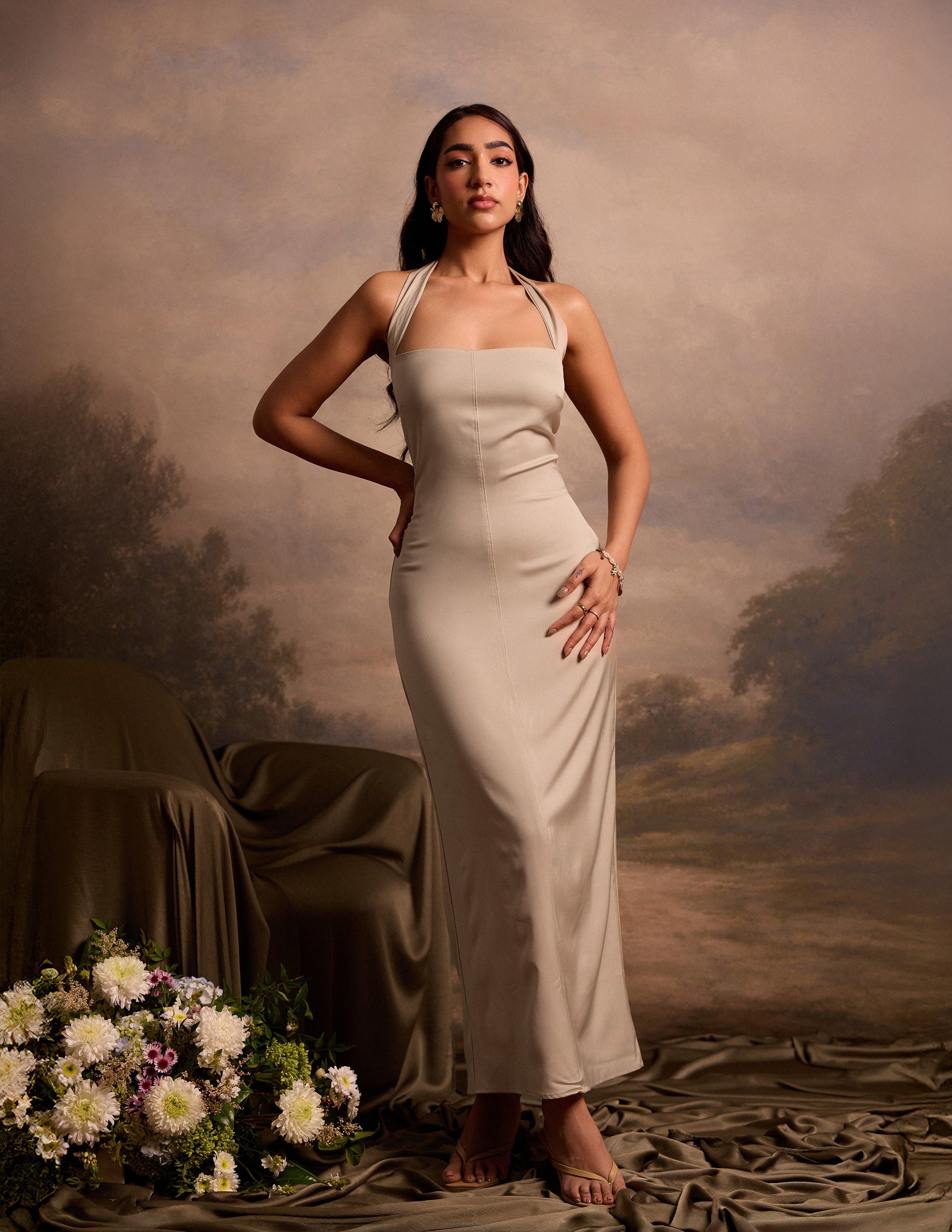 Halter Neck Fitted Satin Dress