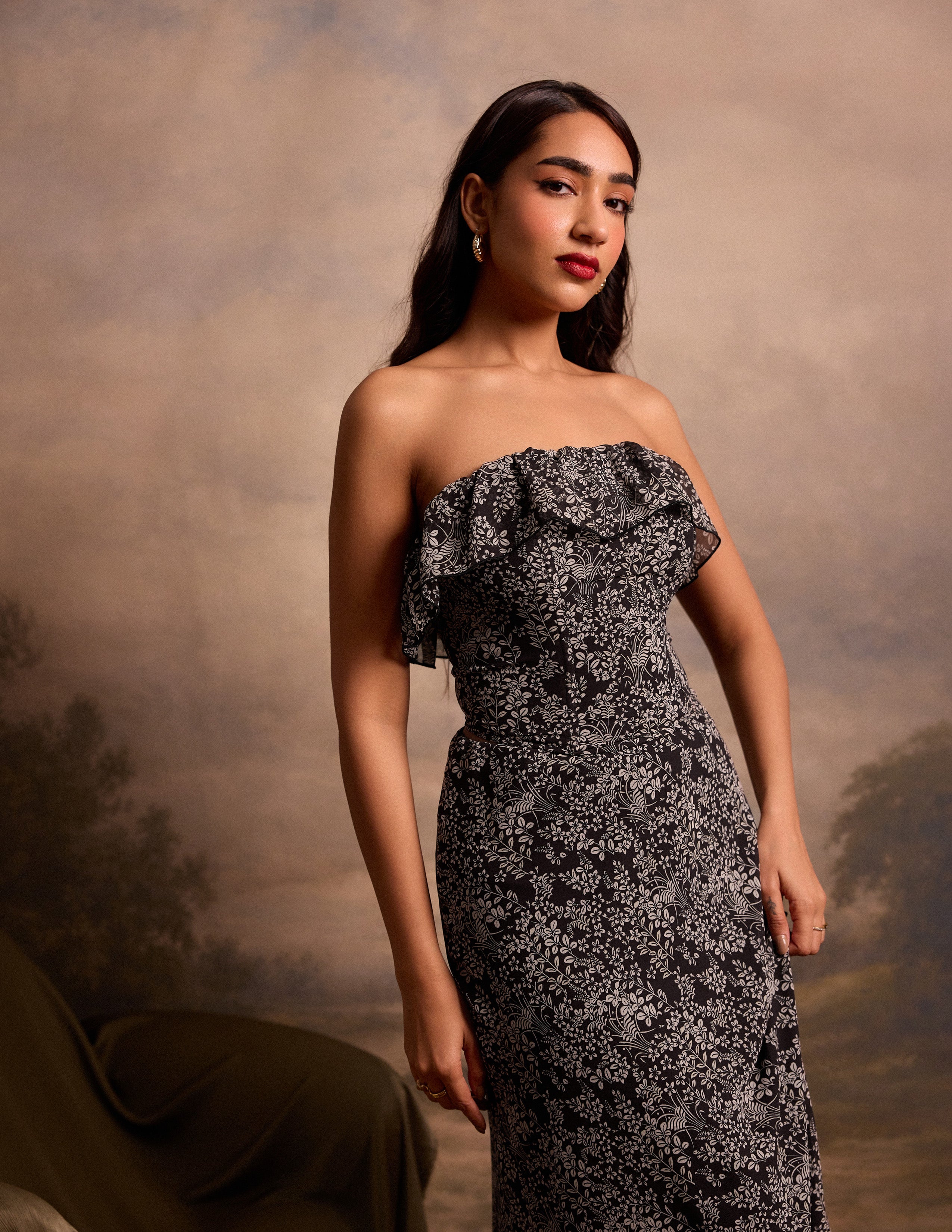 Frill Detailed Printed Corset Top