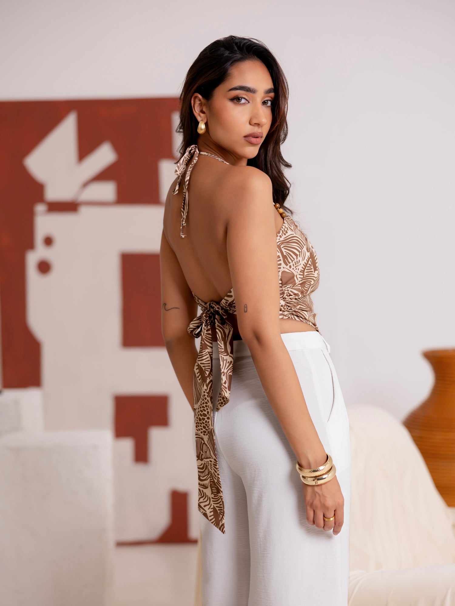 Sleeveless Back Tie Up Printed Top