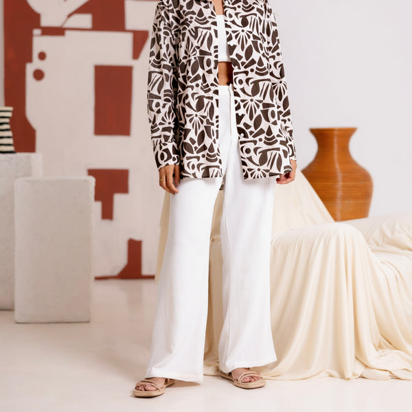 Button Down Collar Detailed Long Sleeved Printed Top
